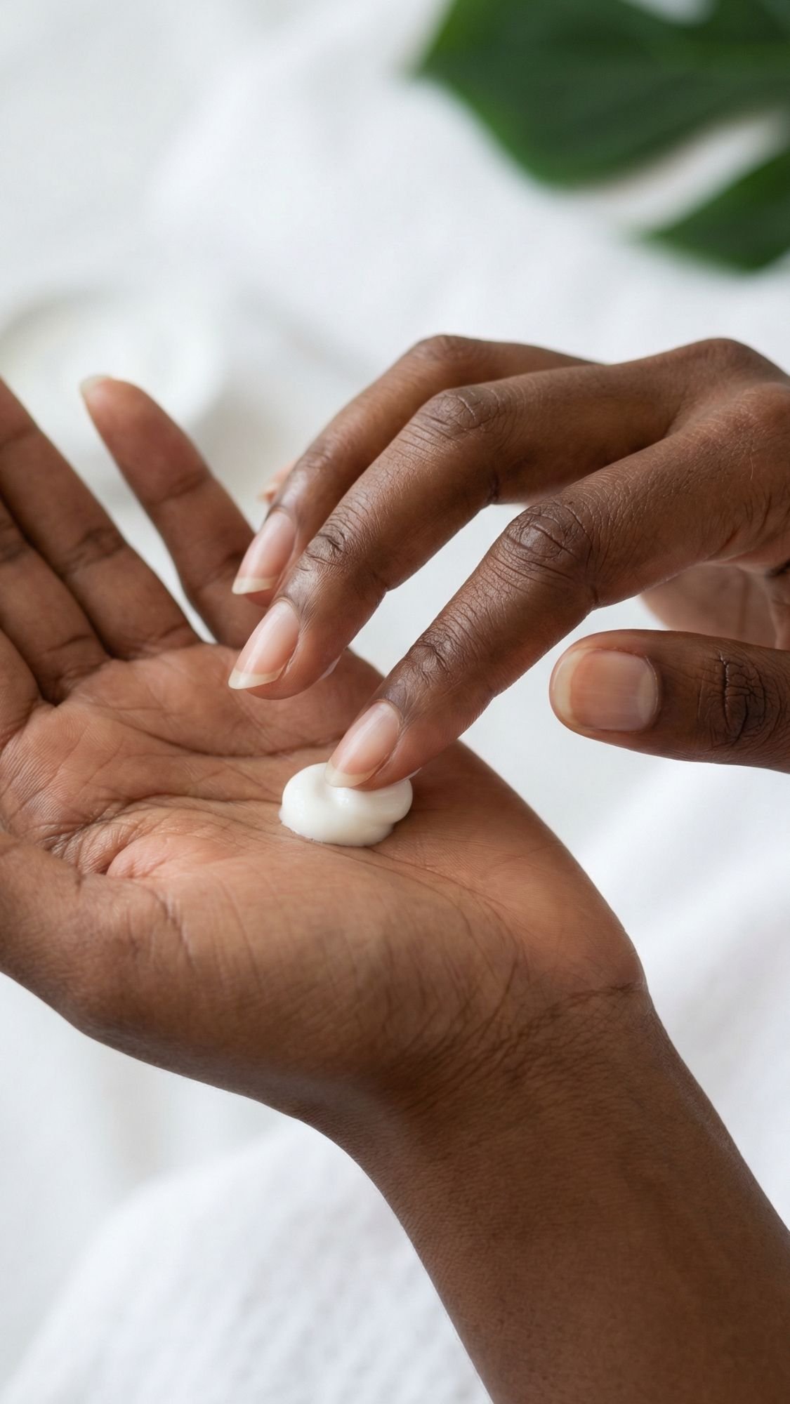 A close-up of a person with chic nails applying a dollop of white lotion onto the palm of one hand, using the fingers of the other, against a soft white background with a green leaf partially visible.