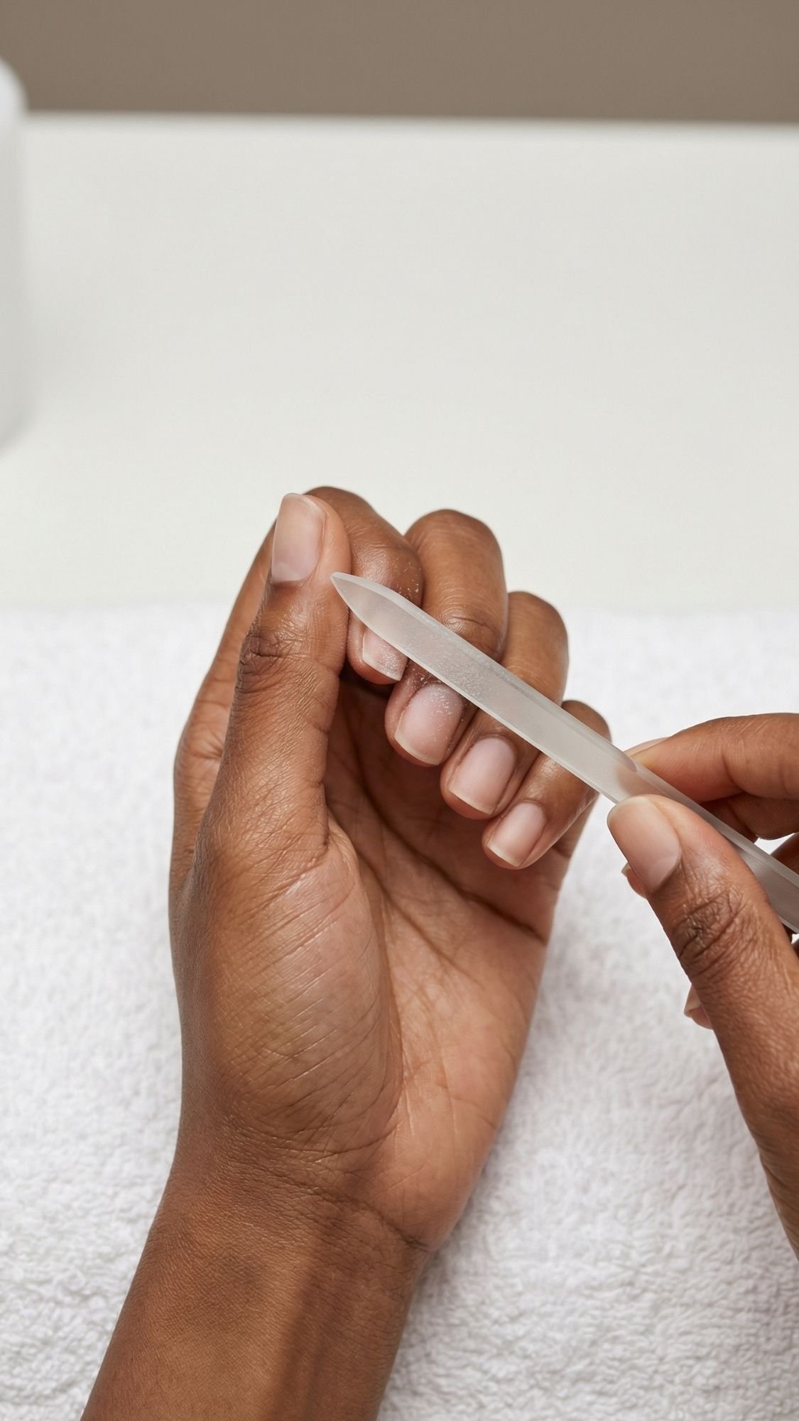 A person uses a glass nail file to shape their elegant nails, with one hand holding the file and the other displaying short nails over a white towel.