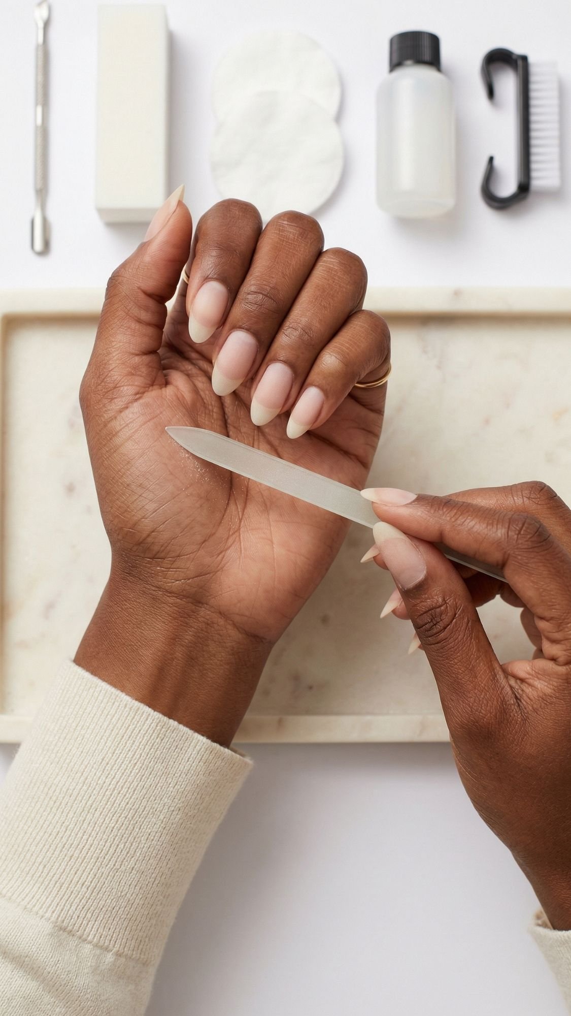 A person files their flattering nails with a glass nail file. Other manicure tools, cotton pads, and a bottle are arranged neatly on a light surface nearby.