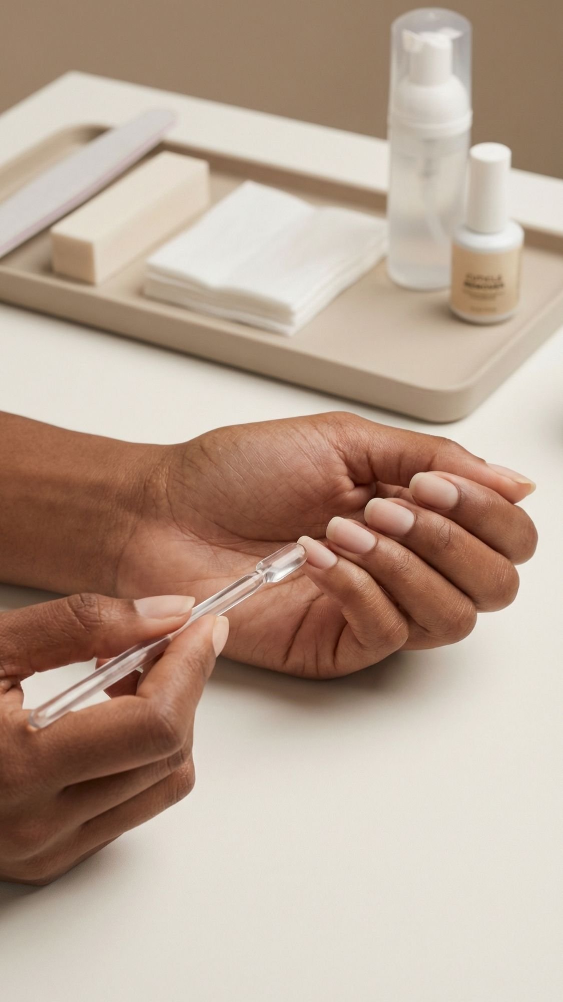 A person with neatly manicured chrome nails uses a clear cuticle pusher on one hand. In the light-filled background, a tray holds a nail file, cotton pads, and bottles of nail care products.