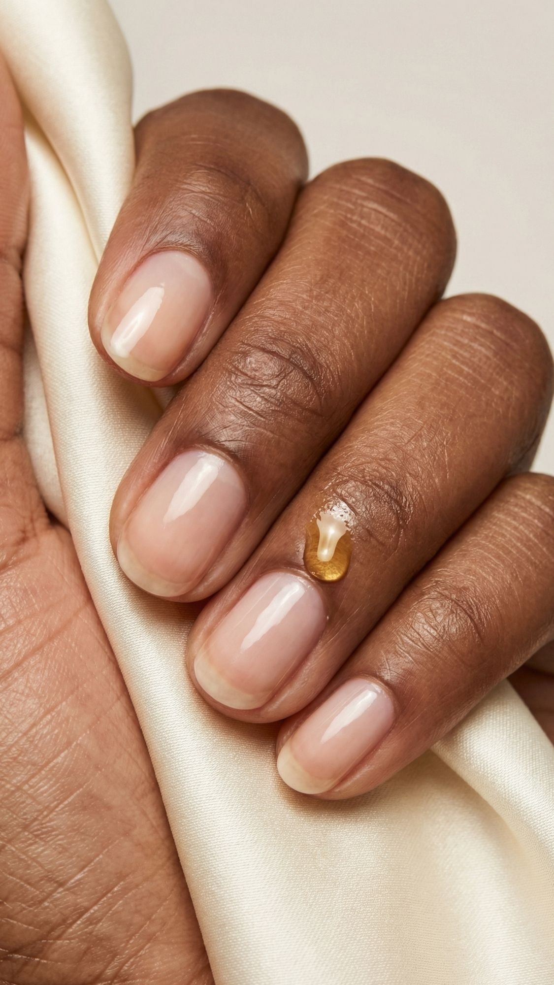 A hand with neatly manicured, elegant nails in a natural nude shade holds a piece of ivory satin fabric. One short nail has a small drop of serum or oil near the cuticle, highlighting simple yet chic nail designs.