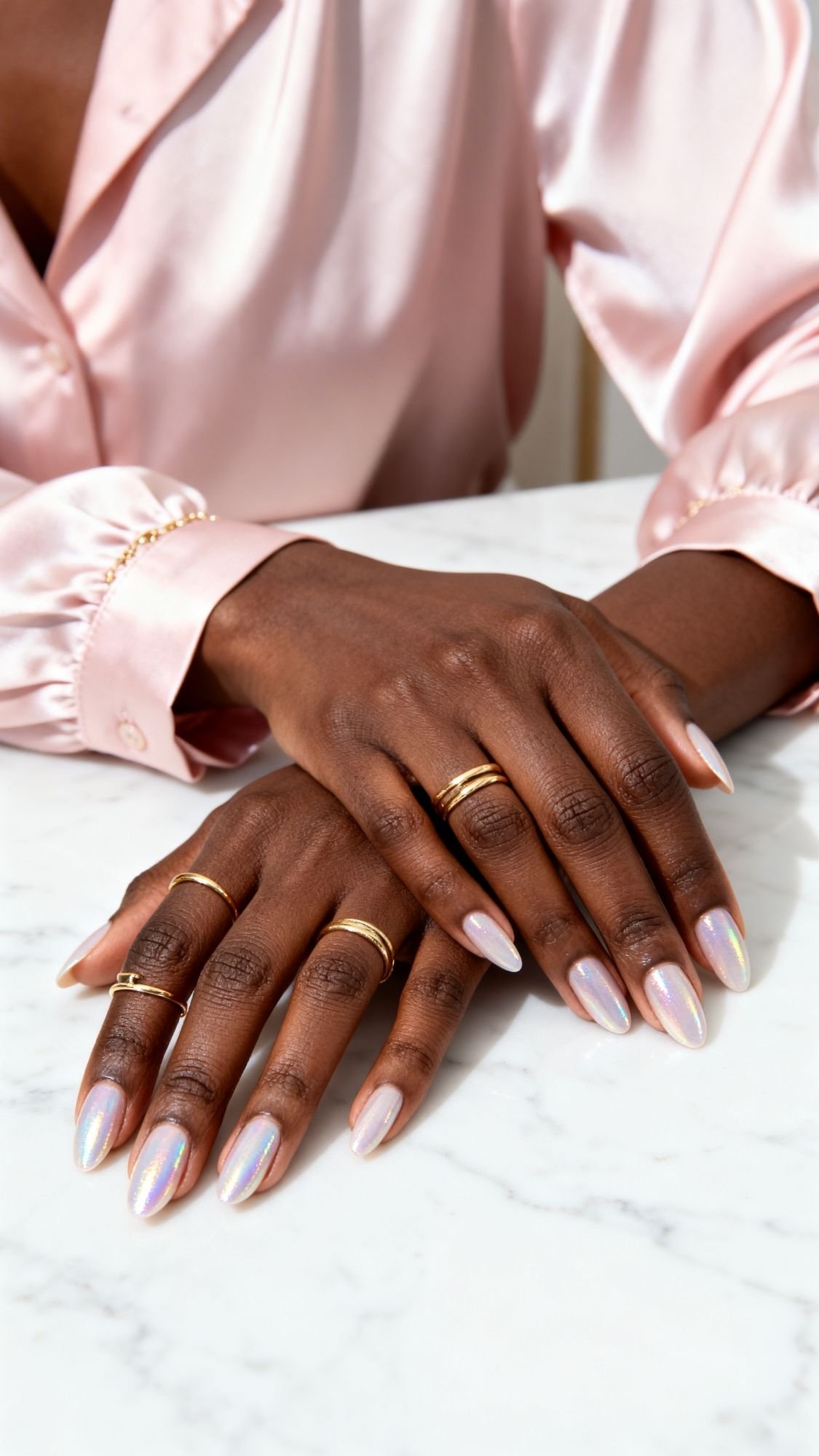 A person with dark skin wears a light pink satin shirt and gold rings, showing off long, almond-shaped Easter nails with a pearly, iridescent manicure. Hands rest on a white marble surface.