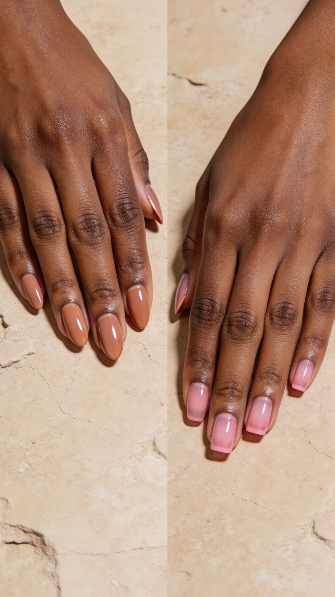 Two hands with manicured nails on a beige marble surface; the left hand displays glossy, brownish-nude polish while the right shows a light pink, natural look—both perfect examples of polished nails and chic clean girl nails for everyday wear.