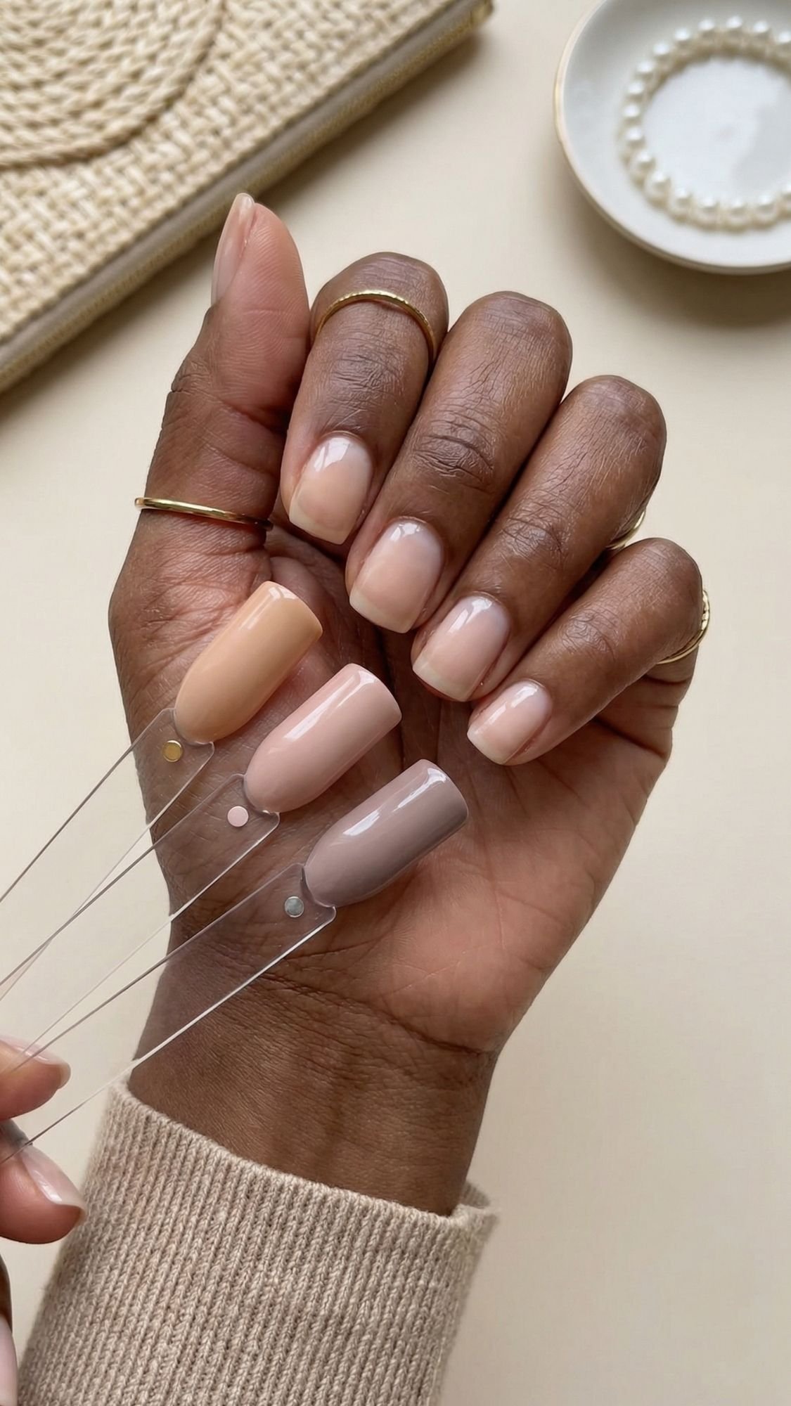 A hand with natural, glossy nude nails—perfect for wedding nails—holds three nail color samples in neutral beige and taupe. Gold rings adorn the fingers, with a beaded dish and a woven item visible in the background.