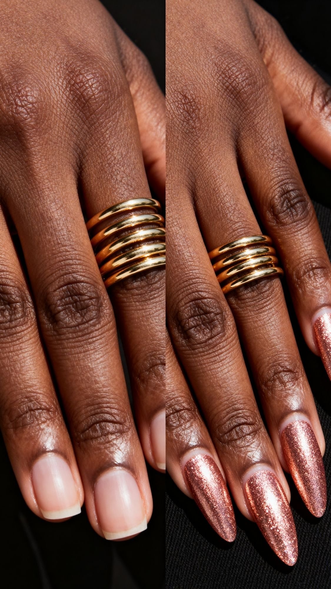 A close-up of a hand with gold stacked rings on two fingers. The left side shows natural nails, while the right sparkles with long, glittery rose gold nail polish—perfect for adding glamour to any special occasion or Easter holiday nails look.