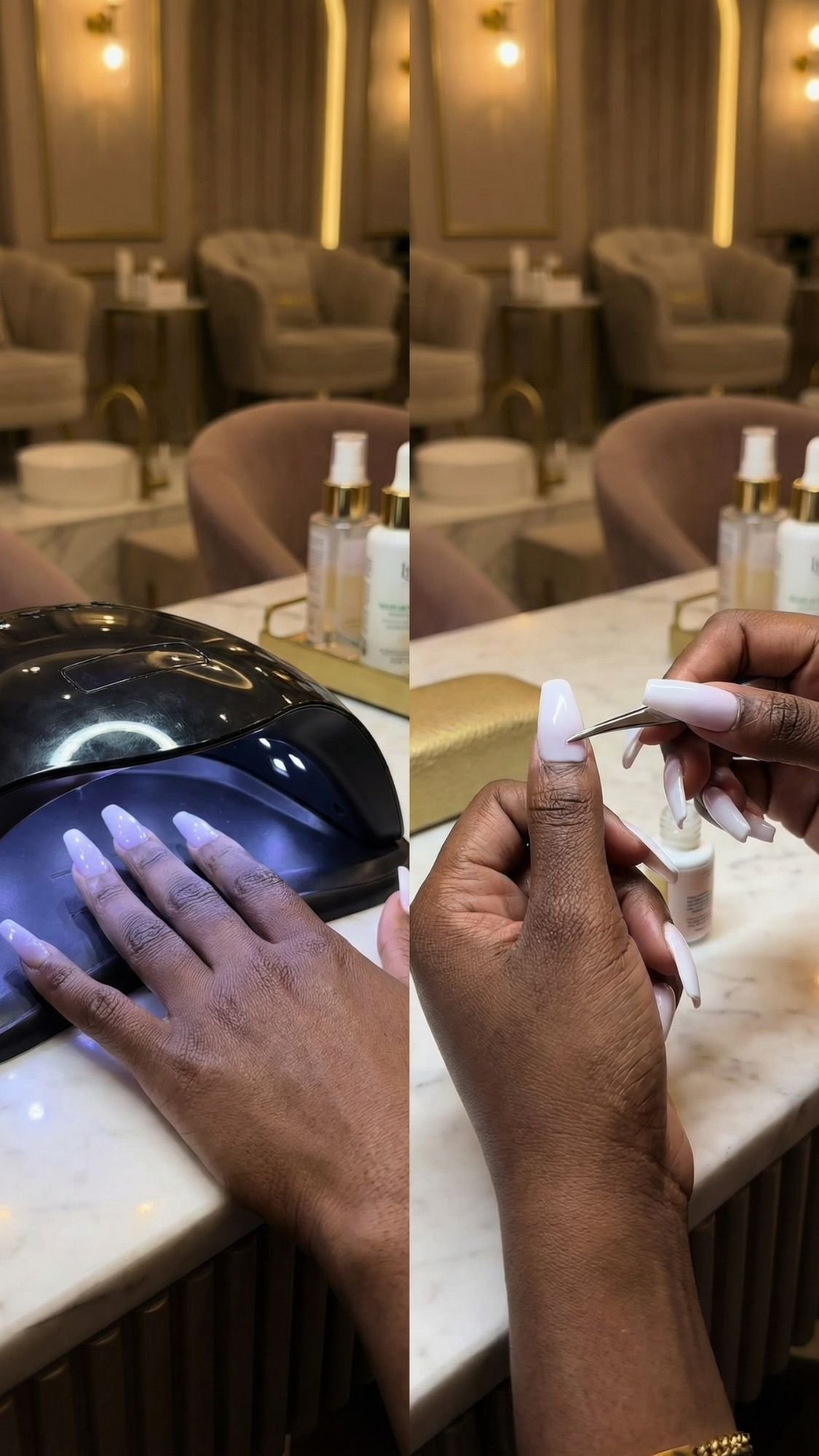 A person gets a manicure in a salon. On the left, their hand is under a UV lamp curing white acrylic nails with subtle sparkle. On the right, they use tweezers to adjust a nail—perfect prep for Easter Holiday Nails. Plush chairs and tools fill the background.
