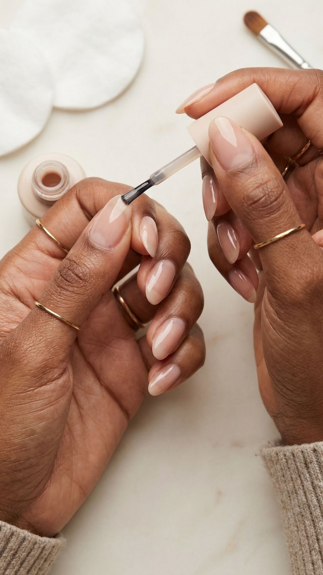 Close-up of hands with gold rings applying nude nail polish to almond nails using a brush. A nail polish bottle, makeup brush, and cotton pads are visible on a light surface—perfect for chic nail designs.