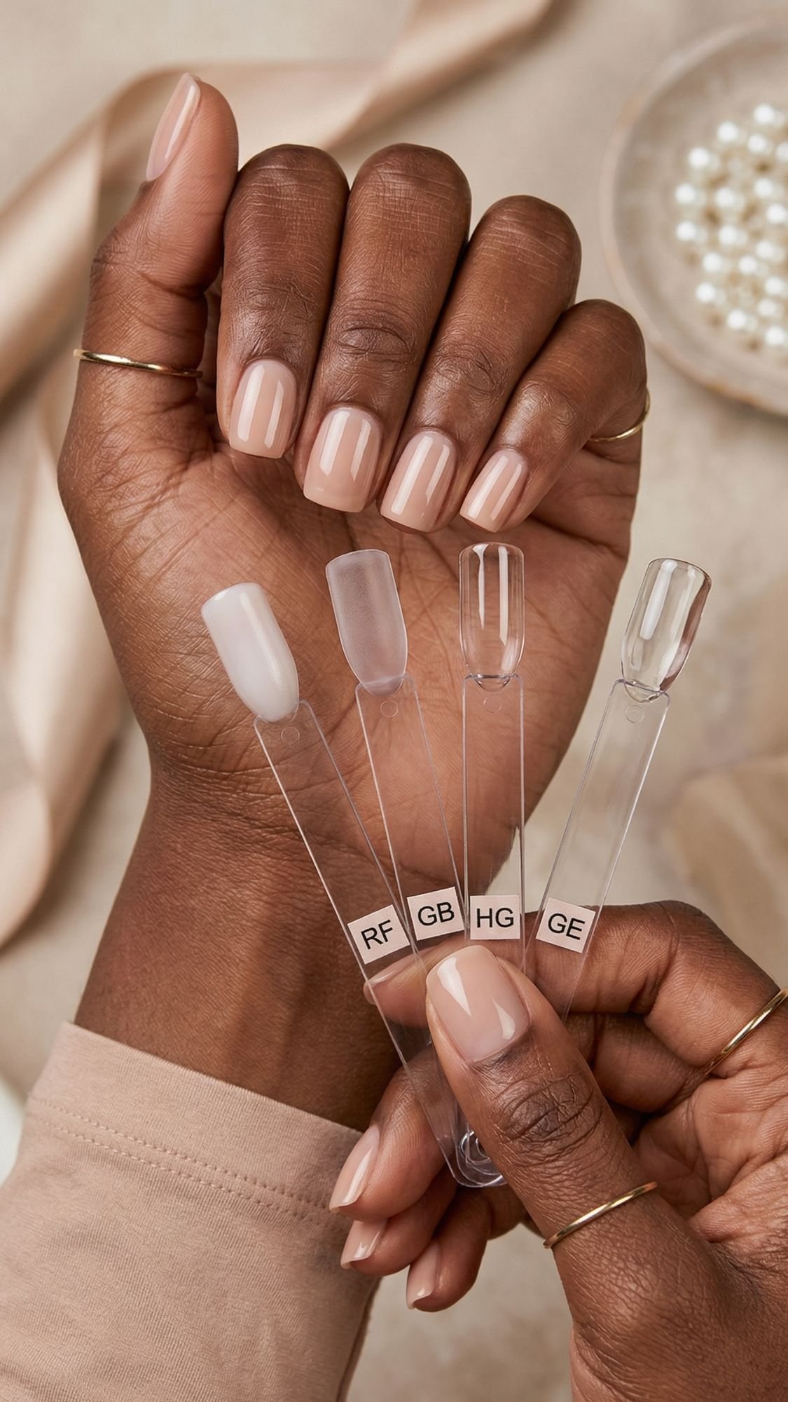A person with medium brown skin shows off neatly manicured nude nails—ideal wedding guest nails—while holding four clear nail polish sample sticks labeled RF, GB, HG, and GE. A bowl of pearls and a beige cloth are in the background.