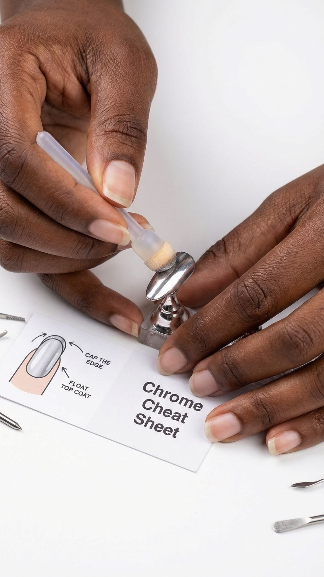 A person uses a brush applicator to apply polish to a chrome nail display, creating light reflecting nails with the help of a Chrome Cheat Sheet and manicure tools placed nearby.