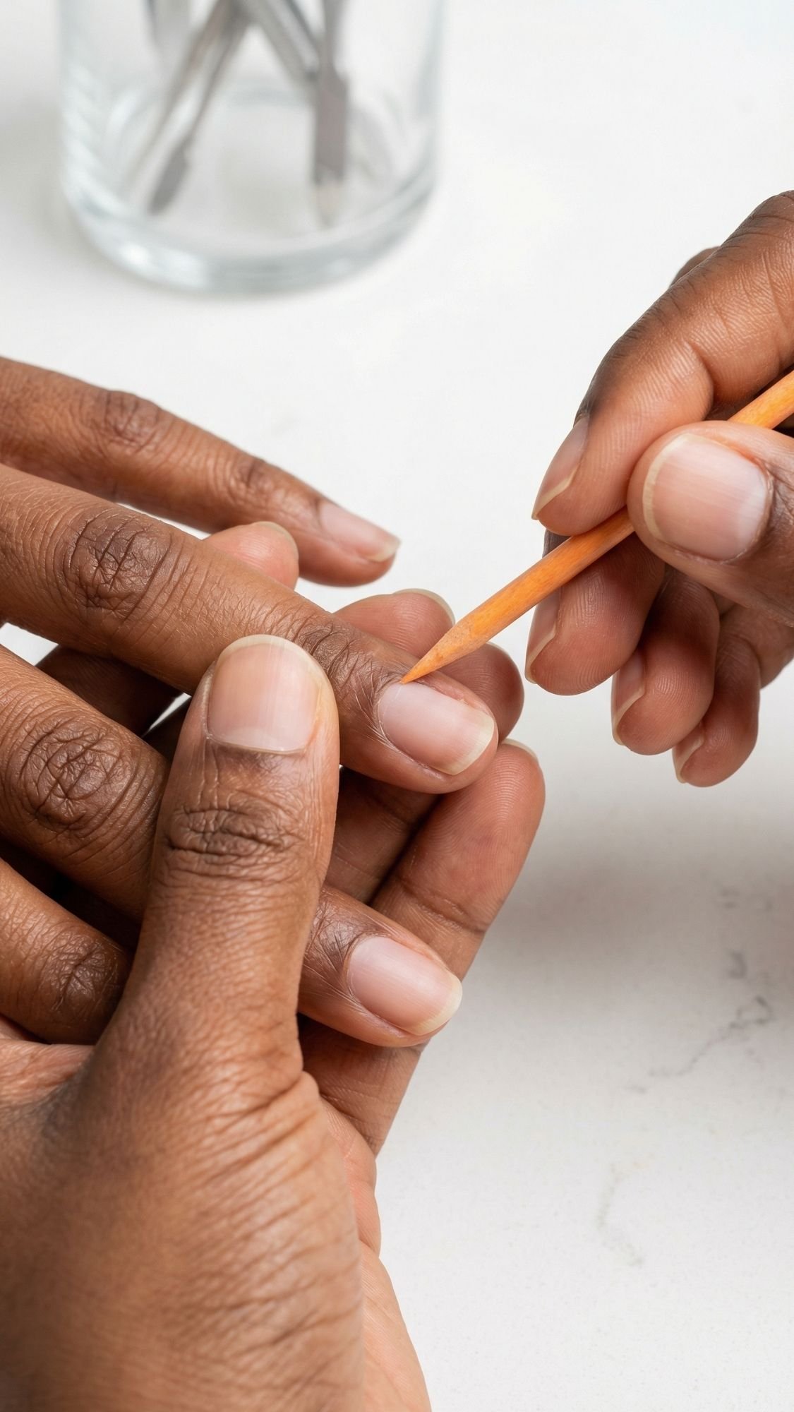 A person uses a wooden cuticle pusher to gently push back another person's cuticles during a manicure, creating chic nails. Both have medium brown skin tones, with a glass jar of metal tools visible in the background.