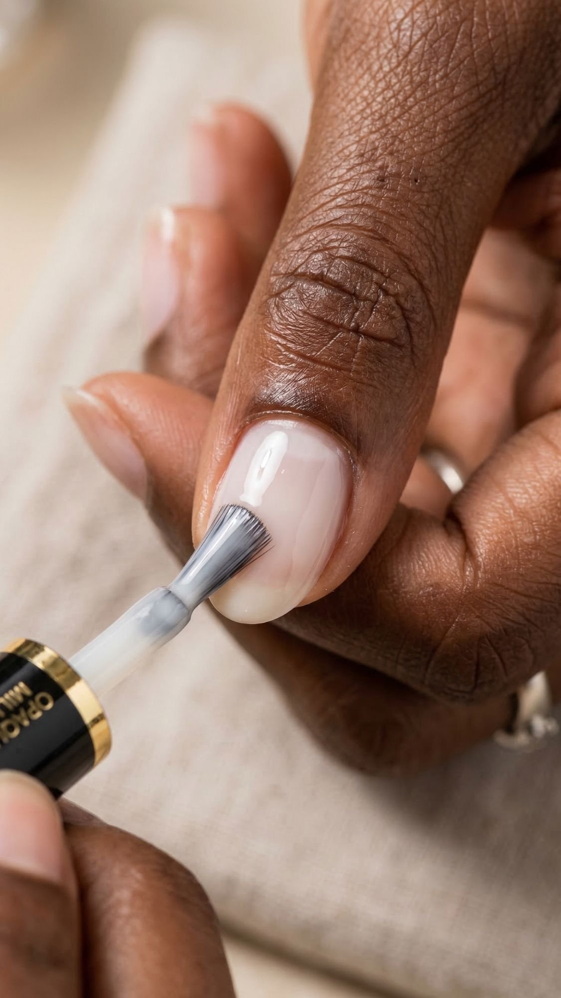 A close-up of a person applying clear nail polish to their short nails with a brush, showing well-groomed hands and neatly trimmed, elegant nails.