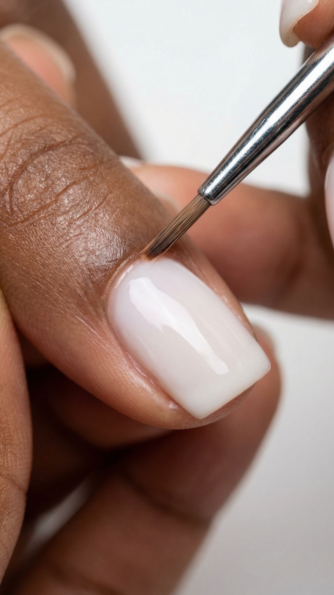 A close-up of a person applying pale pink nail polish for clean girl nails. The neatly shaped nail and steady hand against a white background create a polished everyday look.