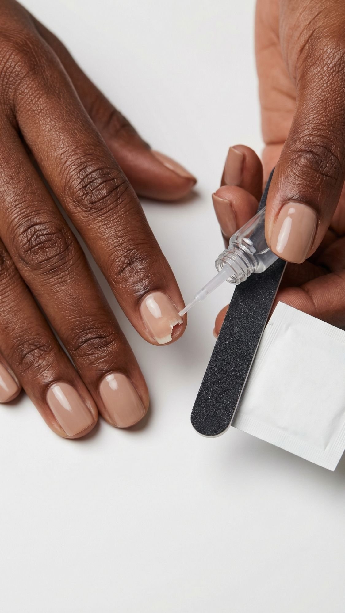 A person applies clear nail polish to their fingernail with one hand while holding a nail file and a small white packet, showcasing chic nails painted in a nude color—perfect for work friendly nails or subtle office nail designs.
