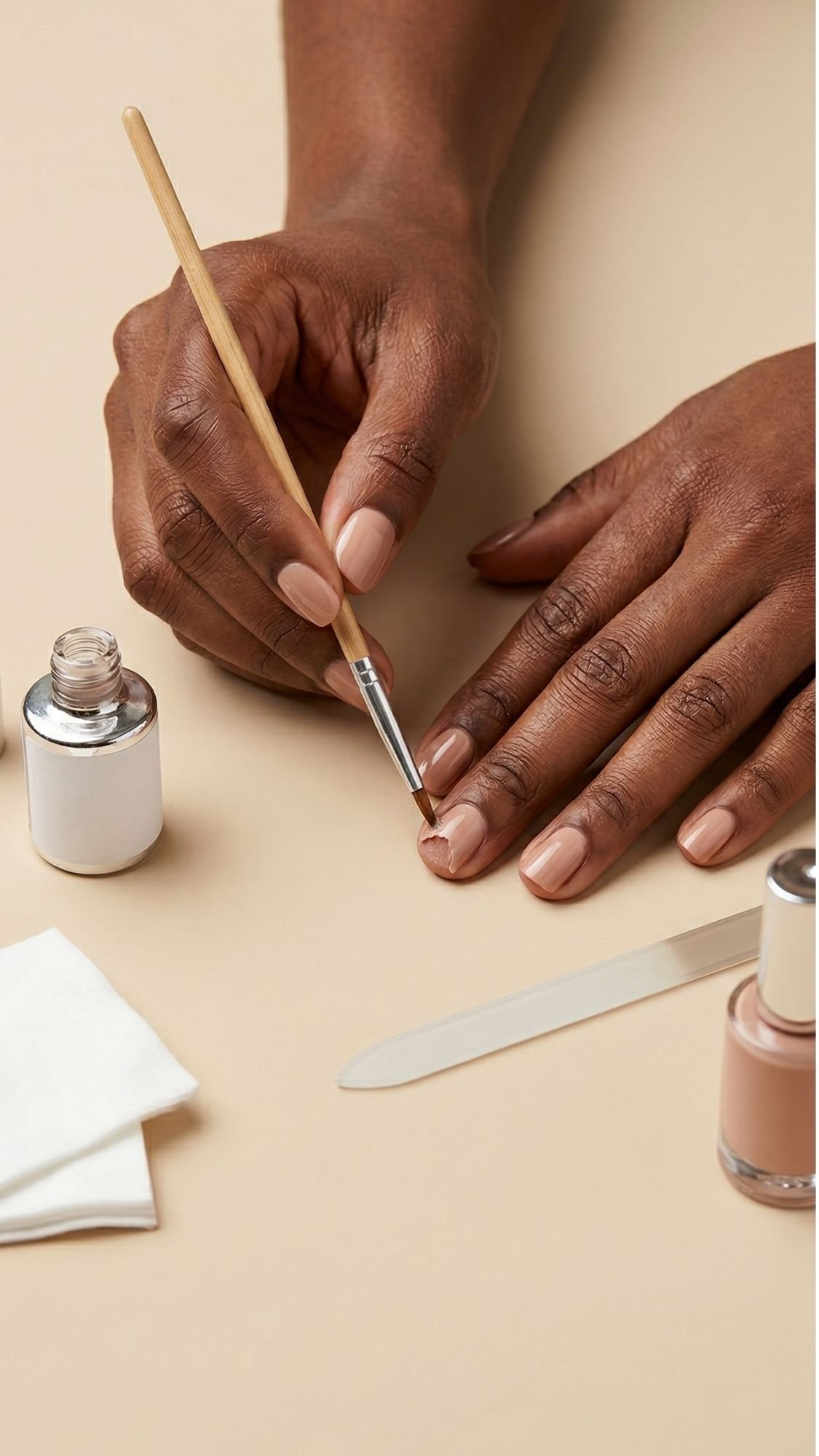 A person is applying nude nail polish to their fingernails with a thin brush, creating elegant wedding guest nails. Bottles of nail polish, a nail file, and a tissue are placed nearby on a beige surface.
