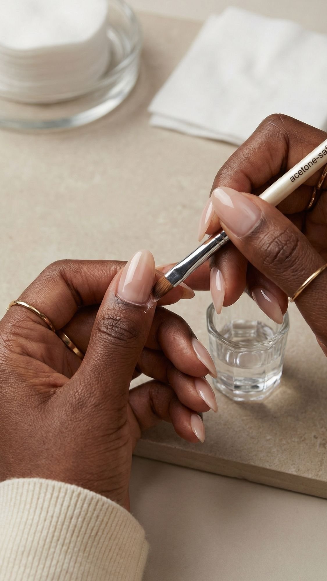 A person uses a brush to apply acetone to their fingernails, likely shaping them into flattering nails with the popular almond nails style. Nearby are a small glass cup, cotton pads, and napkins on a light surface. The person wears gold rings and a cream-colored sleeve.