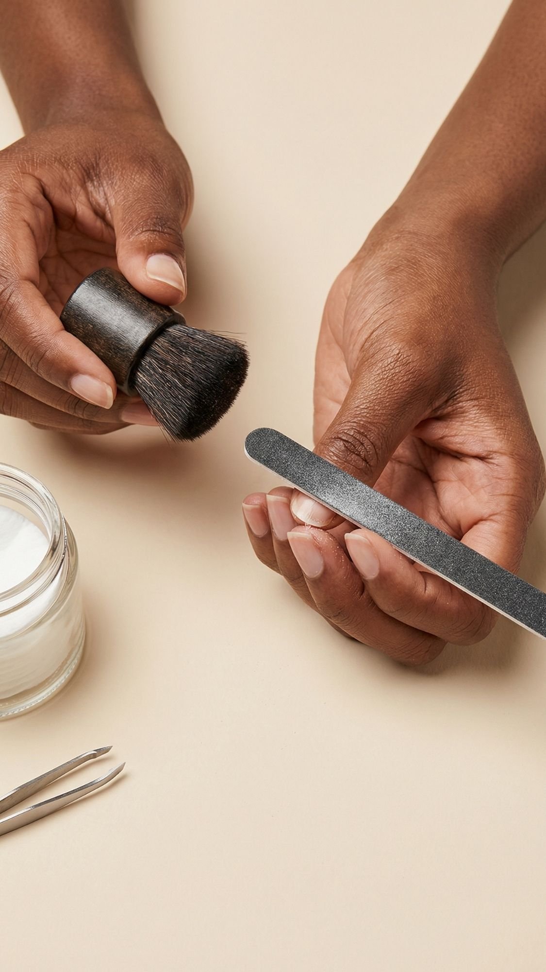 A person files their nails with a metal nail file while holding a brush, preparing for Easter Holiday Nails, with a jar of cream and tweezers resting on the beige surface.