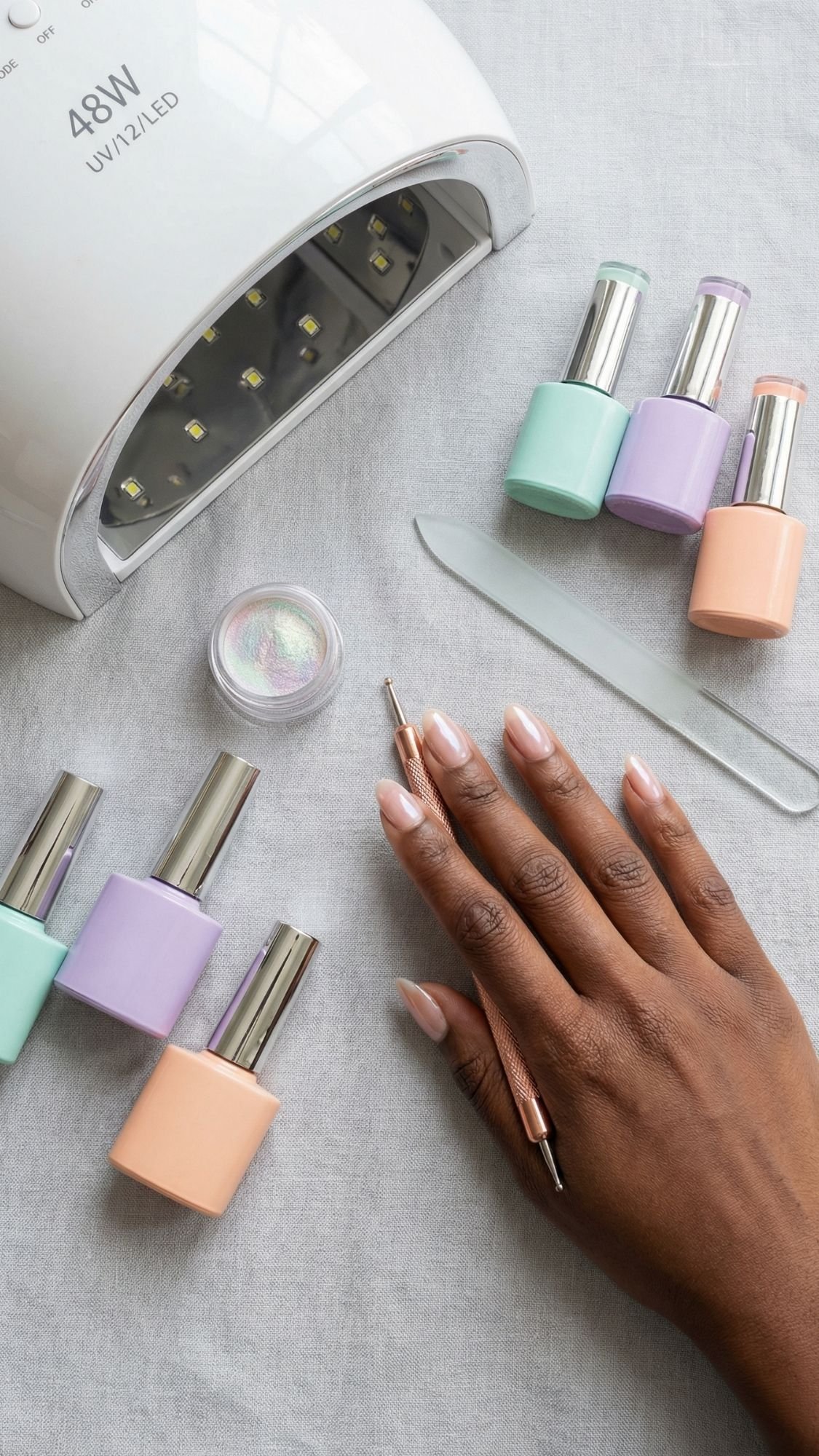 A hand with manicured nails holds a cuticle pusher next to pastel nail polish bottles, a glass nail file, and a UV/LED lamp—perfect for adding sparkle to your Easter Holiday Nails on any special occasion.