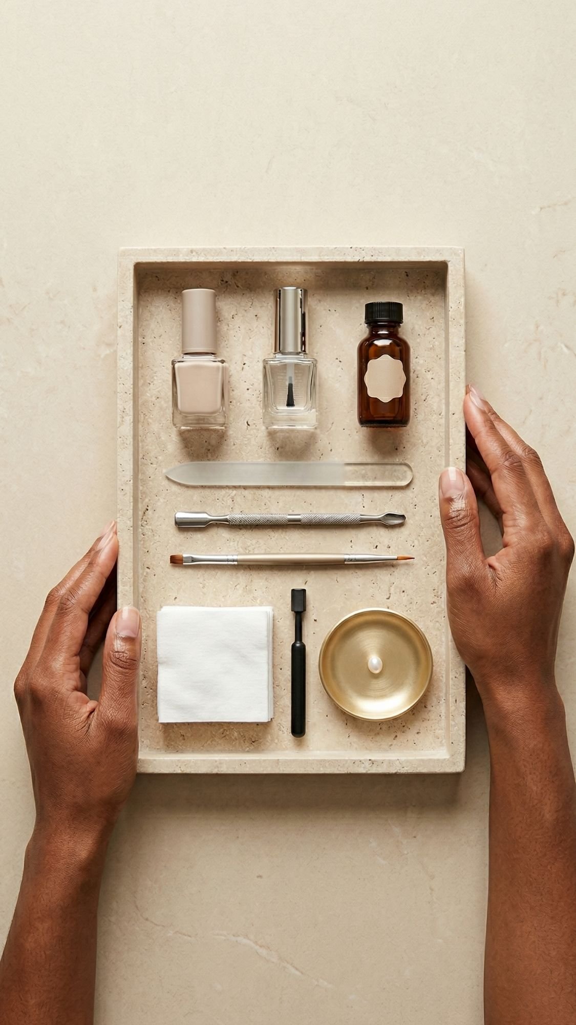 A pair of hands holds a beige tray with nail polish bottles, a brown glass bottle, metal tools, a nail brush, cotton pads, and a round dish with a candle—perfect essentials for creating elegant wedding guest nails on any light surface.