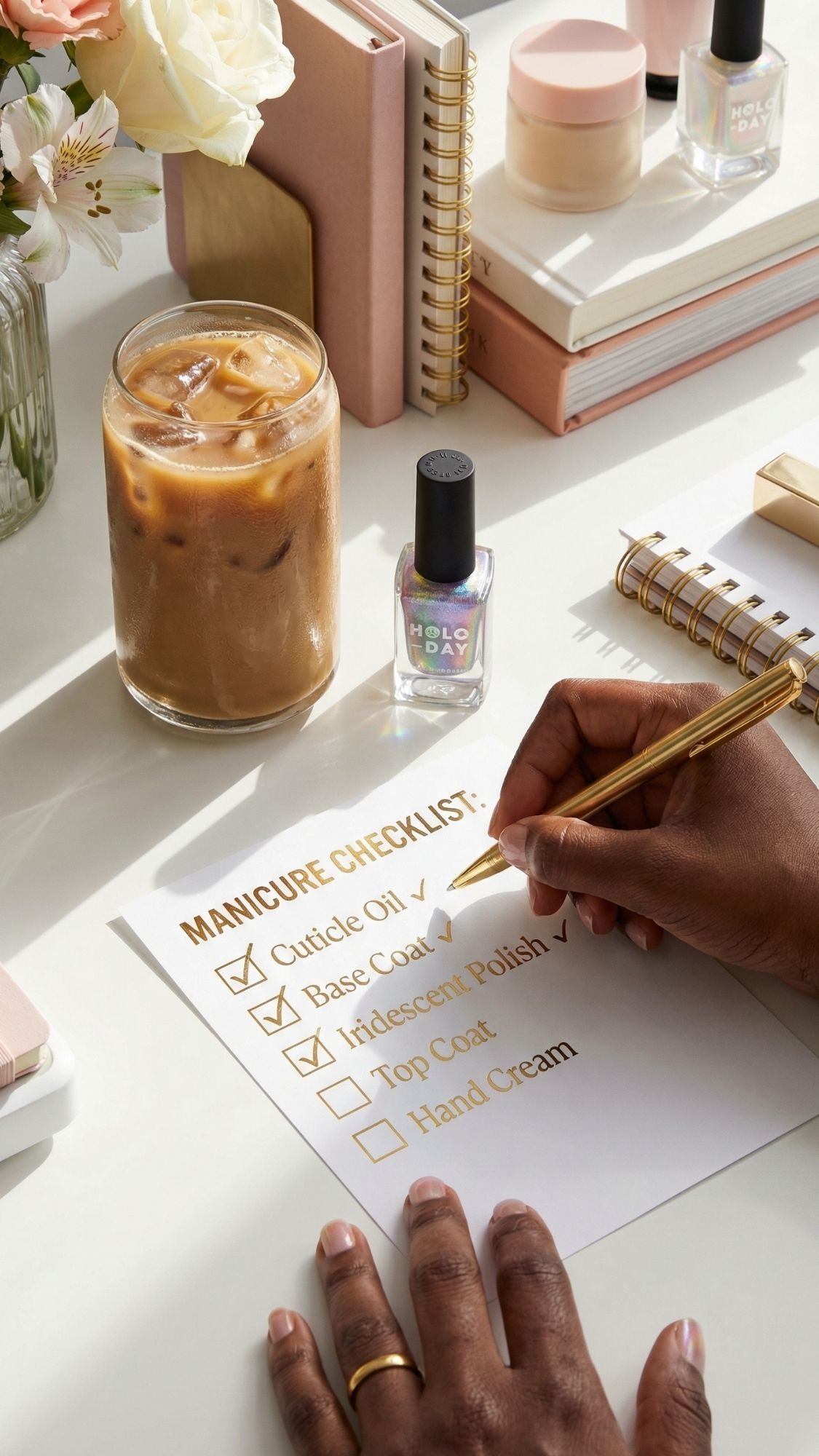 A person checks off items on a manicure checklist for Easter nails at a desk with iced coffee, nail polish, notebooks, a pen, flowers, and skincare jars. The list includes cuticle oil, base coat, iridescent polish, top coat, and hand cream.