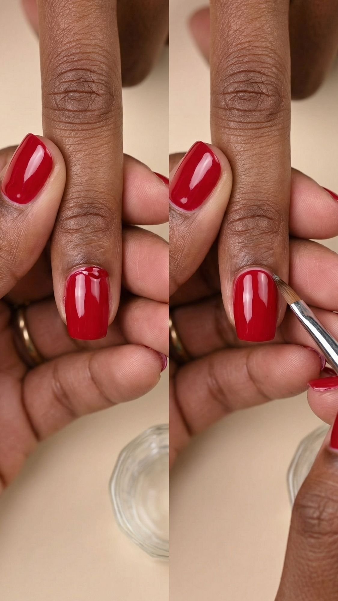 A close-up of hands with red nails; the left side shows freshly painted nails, while the right side shows a brush cleaning the cuticle area for a neat finish—red nail ideas perfect for every season.