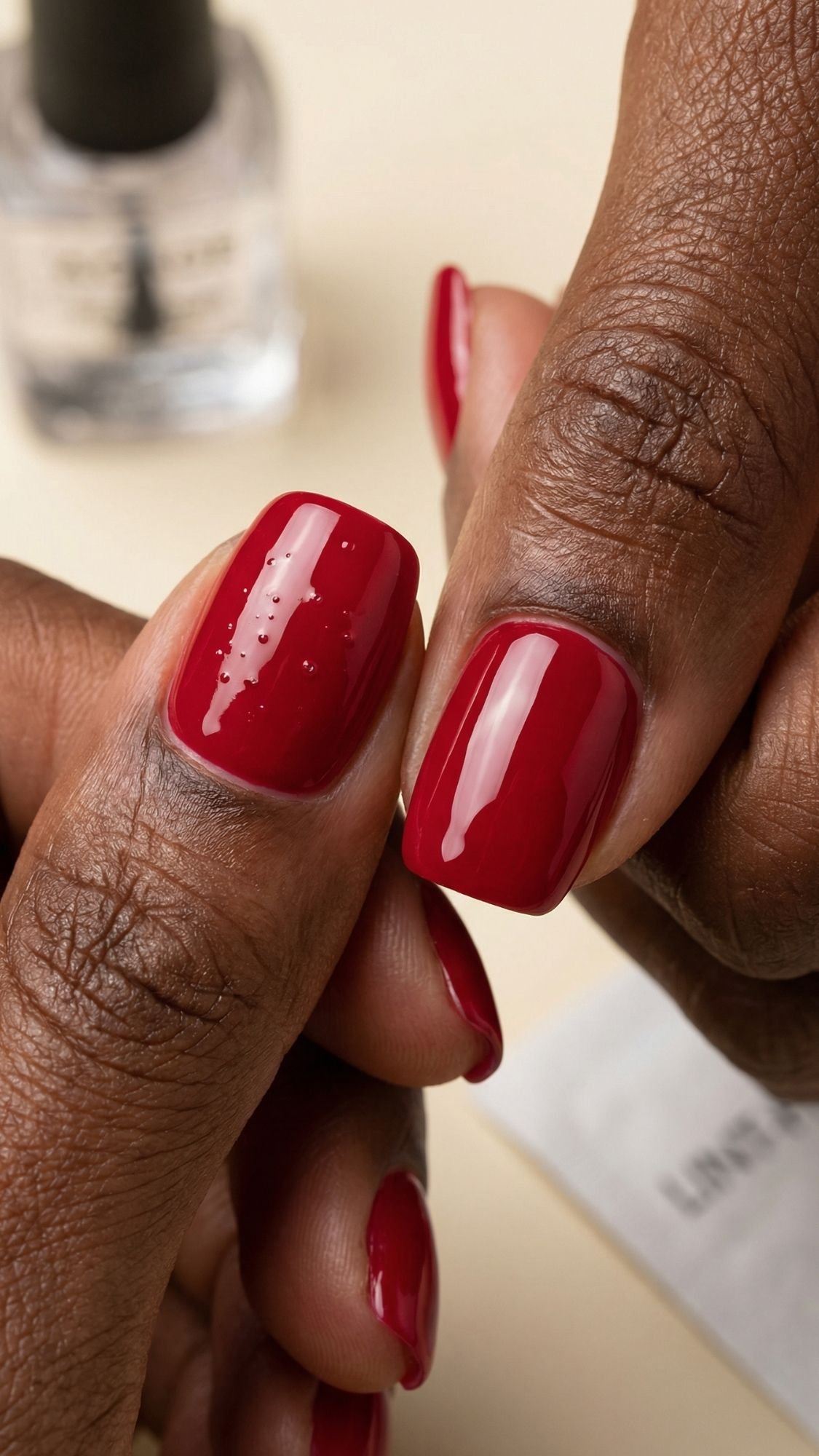 A close-up of hands with freshly painted red nails, showcasing glossy polish—an inspiring nail idea for every season. Some bubbles appear on one thumbnail, with a blurred bottle of clear nail polish in the background.