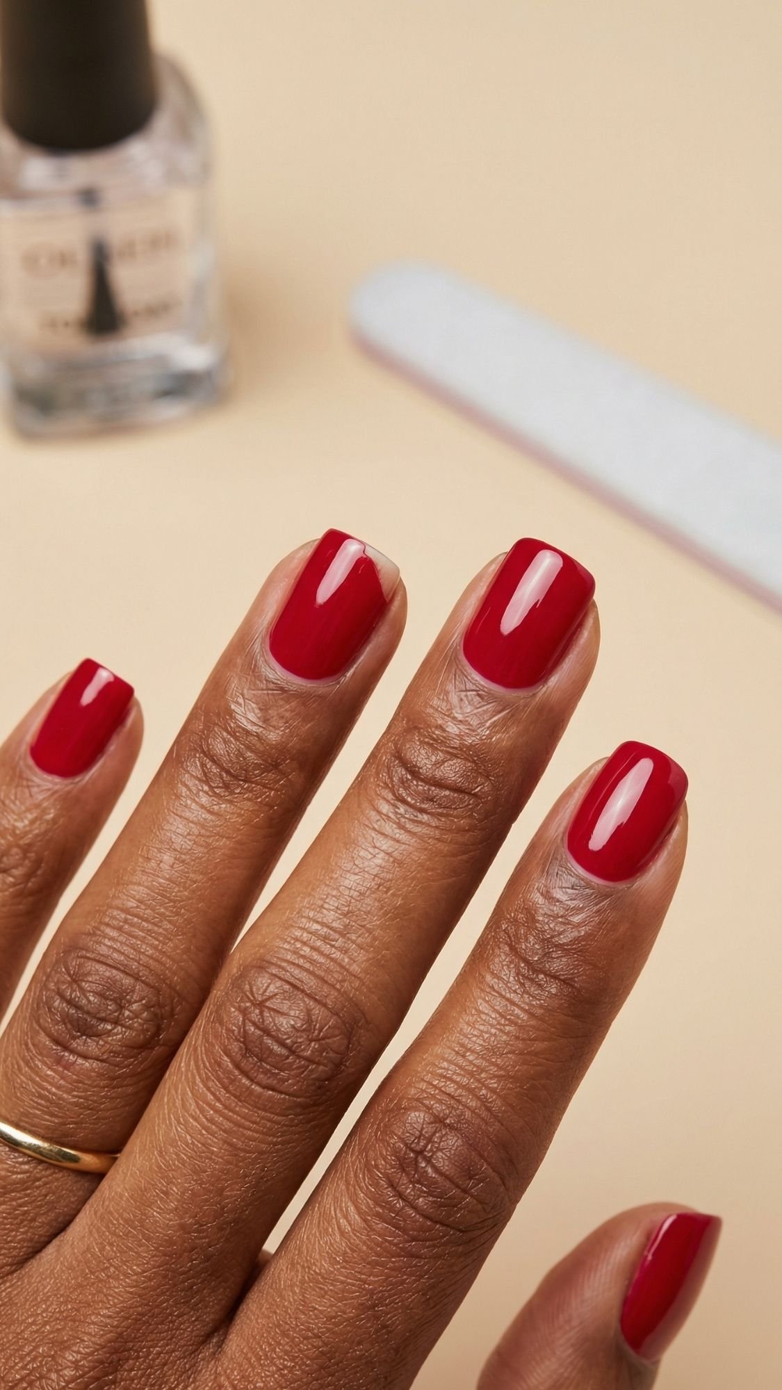 A hand with neatly manicured red nails rests on a light surface. A gold ring adorns one finger, while a nail polish bottle and nail file appear in the background—perfect inspiration for chic seasonal nails and fresh nail ideas.