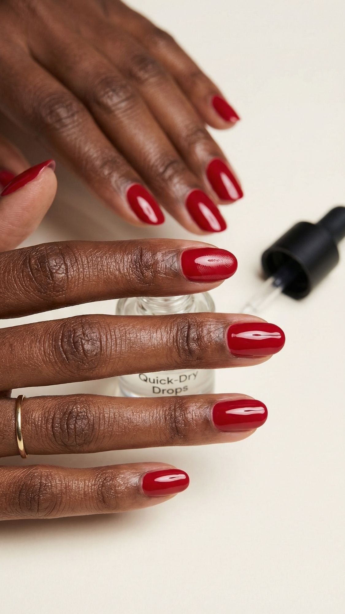 Close-up of two hands with neatly manicured red nails, perfect for every season. A gold ring adorns one finger, while a bottle of clear quick-dry drops with its dropper rests nearby on a light surface.