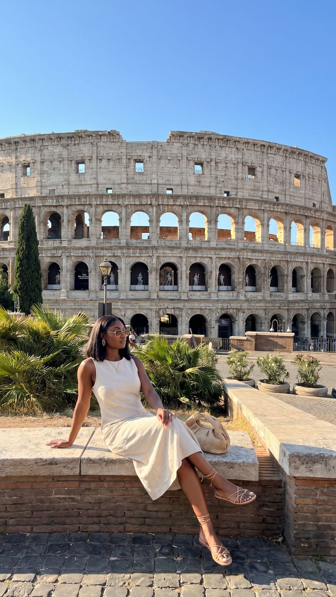 A woman in a white dress sits on a stone bench in front of the Colosseum in Rome, Italy, on a sunny day—a classic scene for anyone’s Italy bucket list, with greenery around her and the clear blue sky above.