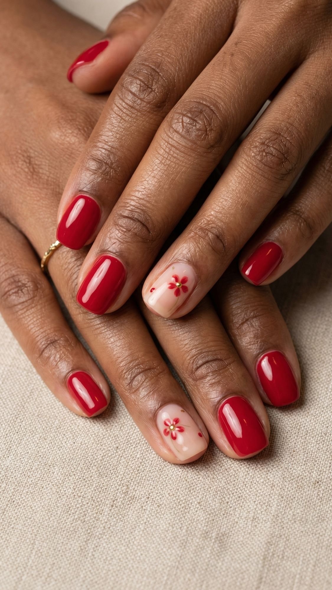 A close-up of hands with short, glossy red nails showcases a chic nail idea for every season. The ring fingers are painted nude with a small red flower and yellow accents, complemented by a thin gold ring.