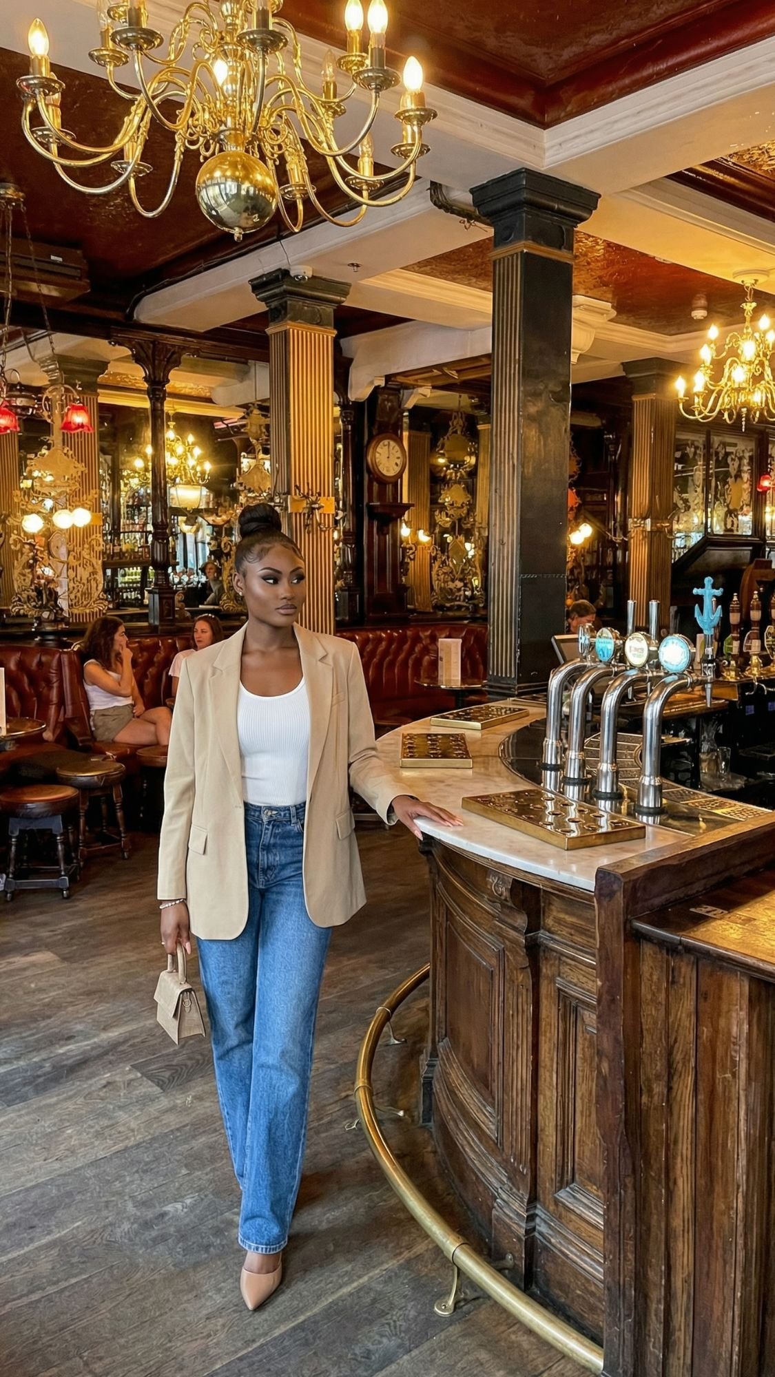 A woman in a tan blazer, white top, and jeans stands by a wooden bar in an ornate pub with chandeliers and vintage decor—an inviting stop for anyone seeking classic London attractions on their first trip to London.