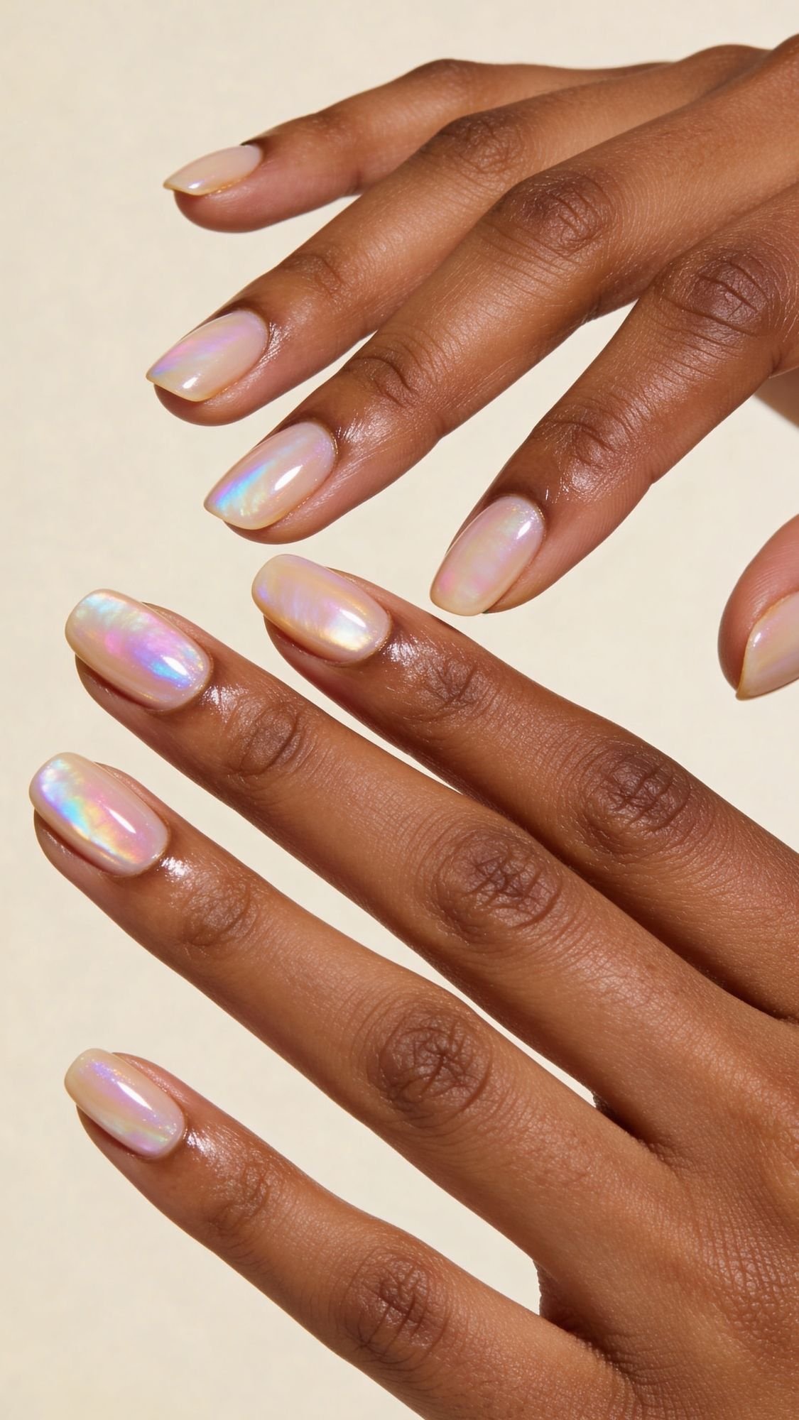 Close-up of two hands with medium brown skin showing nails painted with a glossy, iridescent pearly polish—perfect for summer nails—reflecting light in soft rainbow hues. The nails are neatly shaped and well-manicured.