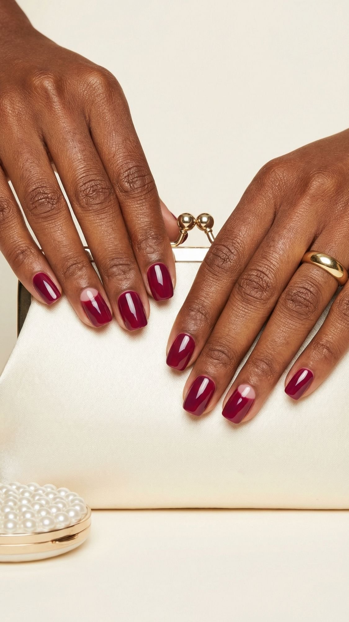 Two hands with neatly manicured red nails—an elegant nail idea for every season—rest on a cream-colored clutch. One hand wears a simple gold ring, while a pearl-embellished accessory is partially visible nearby.