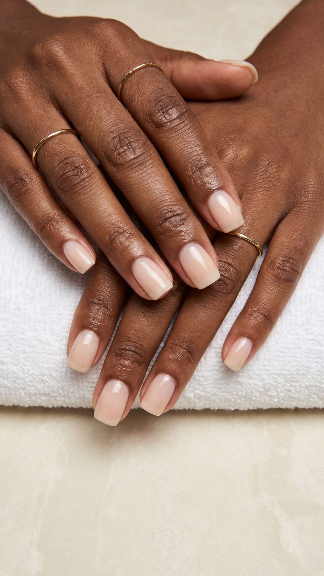 Two hands with neatly manicured summer nails painted in a light nude color rest on a white towel. The person is wearing several thin gold rings on their fingers. The background is a light, neutral surface.