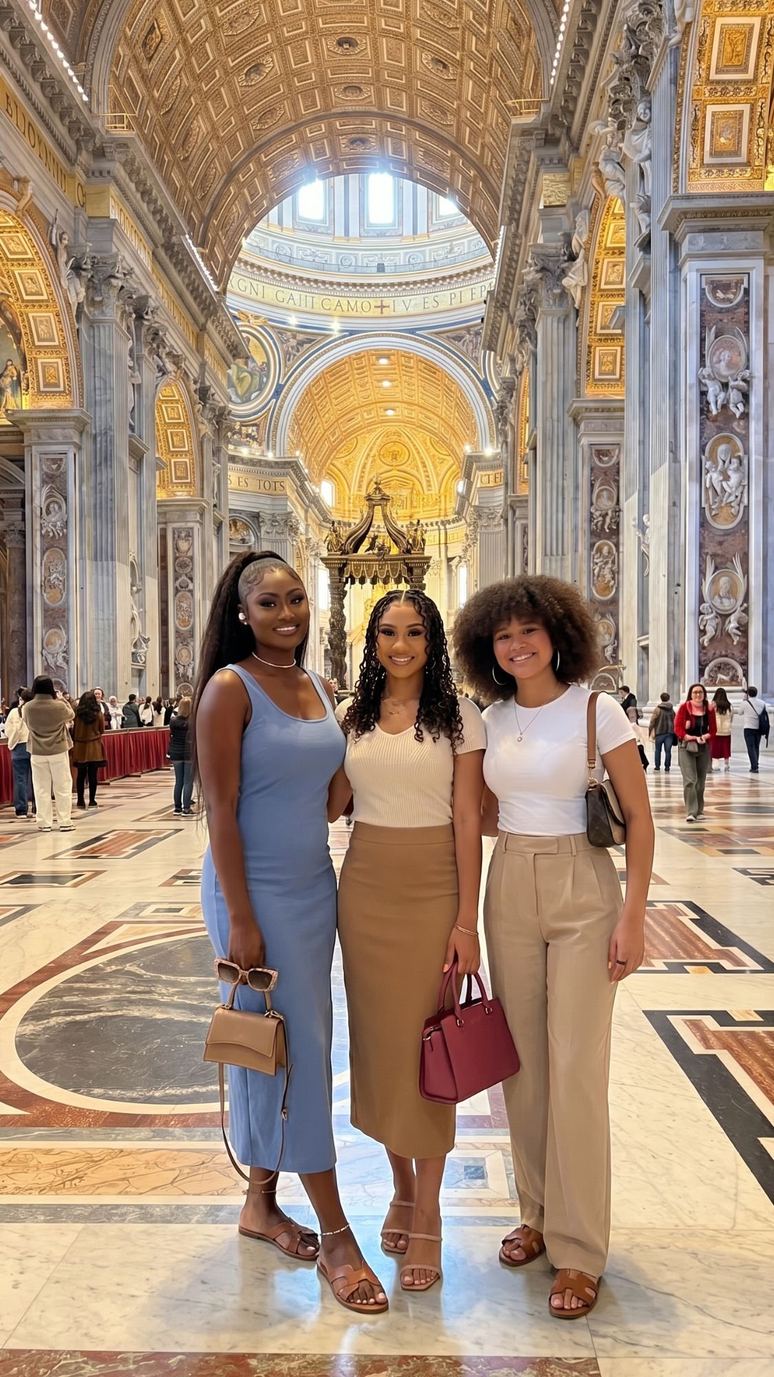 Three women stand together smiling inside an ornate building with gold arched ceilings and marble floors, likely St. Peter’s Basilica—an essential stop on any Italy bucket list. They wear stylish outfits and hold handbags, enjoying unforgettable Italy experiences.