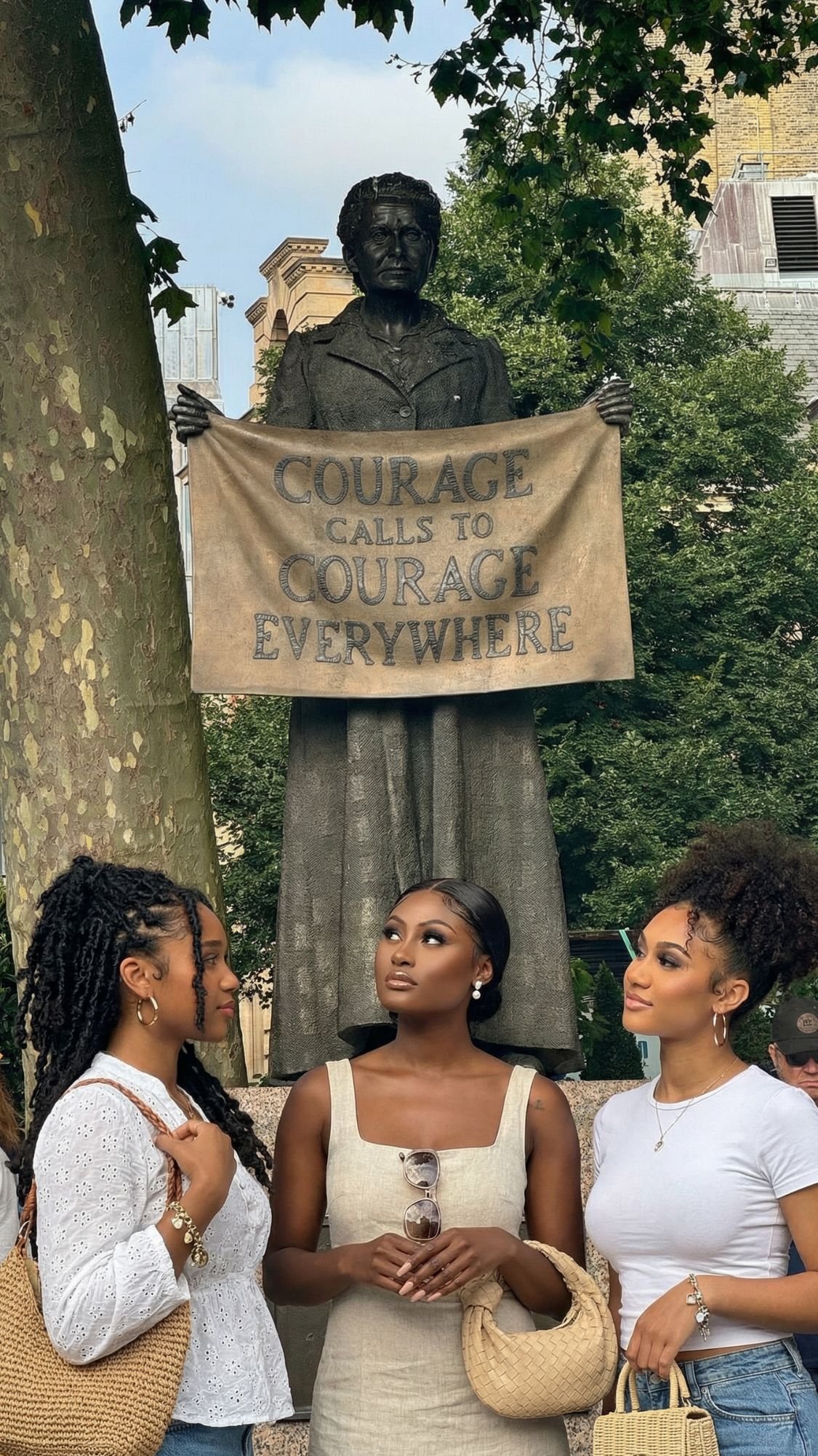 Three women stand in front of a statue holding a banner that reads, Courage calls to courage everywhere. A must-see among London attractions, this spot is perfect for your first trip London; trees and buildings fill the background.