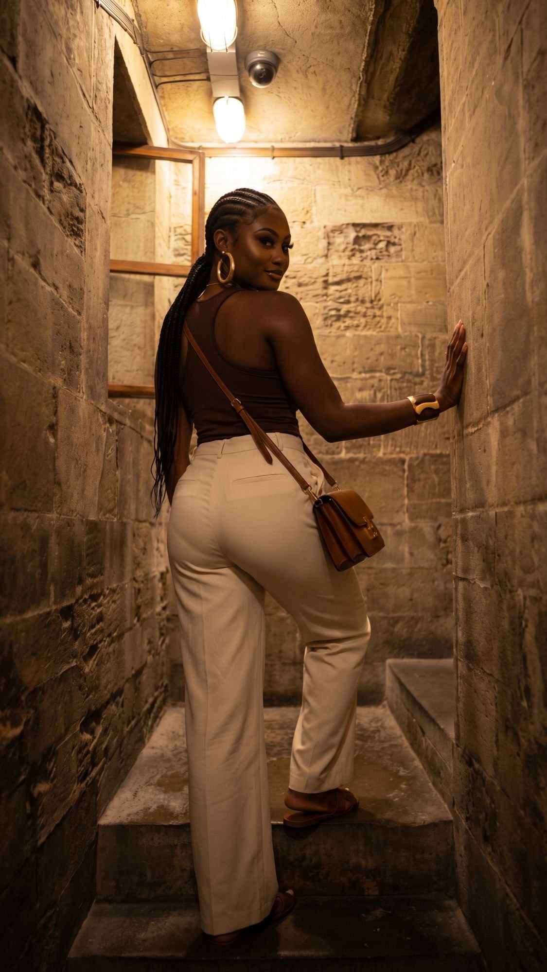 A woman with long braids, wearing a brown top and white pants, stands on stone steps in a narrow passageway with textured stone walls—an unforgettable Italy Bucket List moment as she looks back over her shoulder.