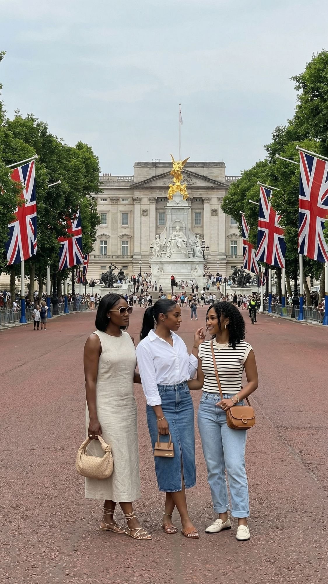 Three women stand chatting on a red-paved road lined with Union Jack flags, with Buckingham Palace behind them—a classic scene for anyone seeking top London attractions on their first trip to London. All appear relaxed in casual summer outfits.