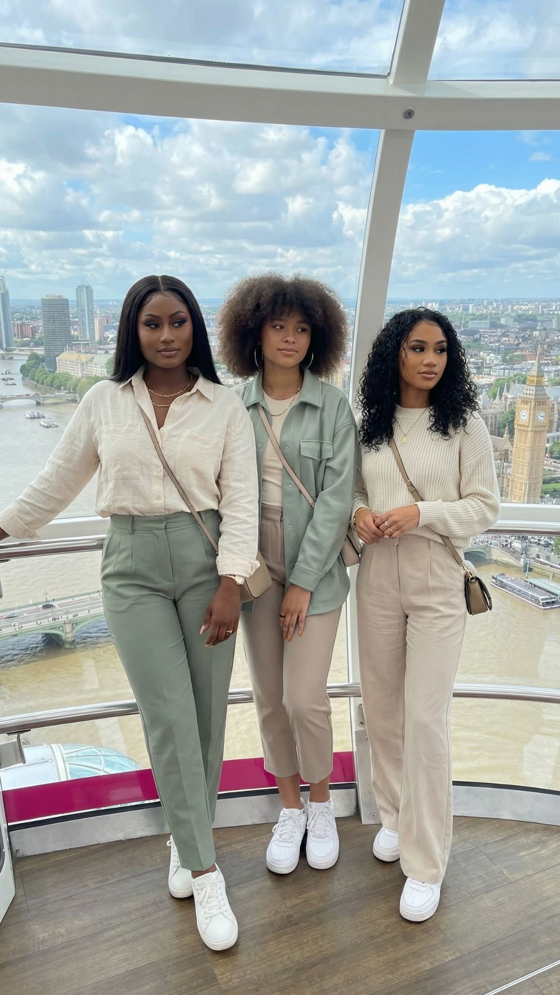 Three women stand inside a glass observation capsule, cityscape, river, and Big Ben in the background. Dressed in neutral tones and white sneakers, they pose together—capturing memories from their first trip London and checking off classic London things to do.
