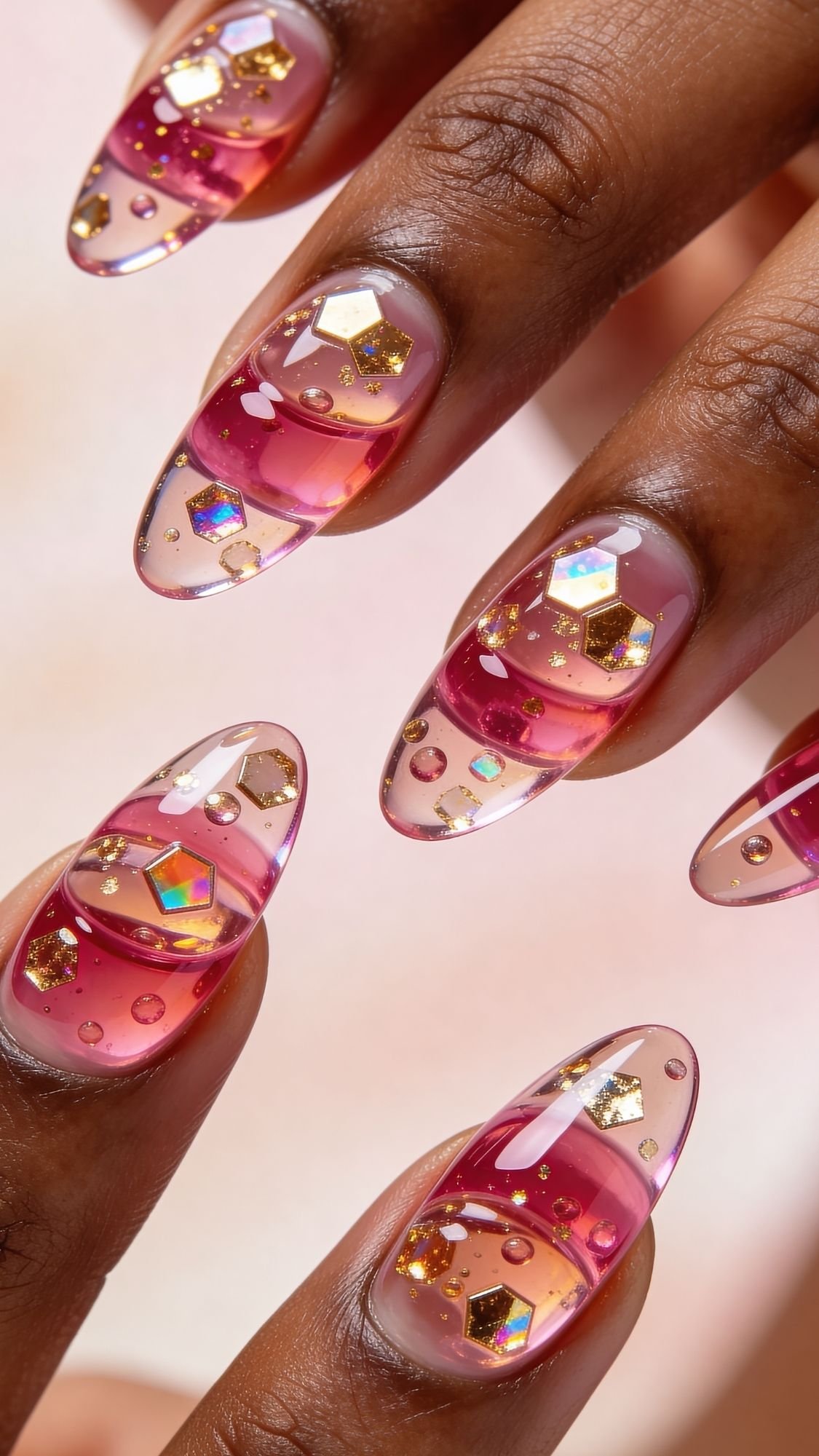 Close-up of hands with long, almond-shaped nails featuring pink and clear gradients, gold foil, holographic hexagonal sequins, and encapsulated bubbles for a 3D layered look—perfect inspiration for easy nail designs to try on your nails at home.