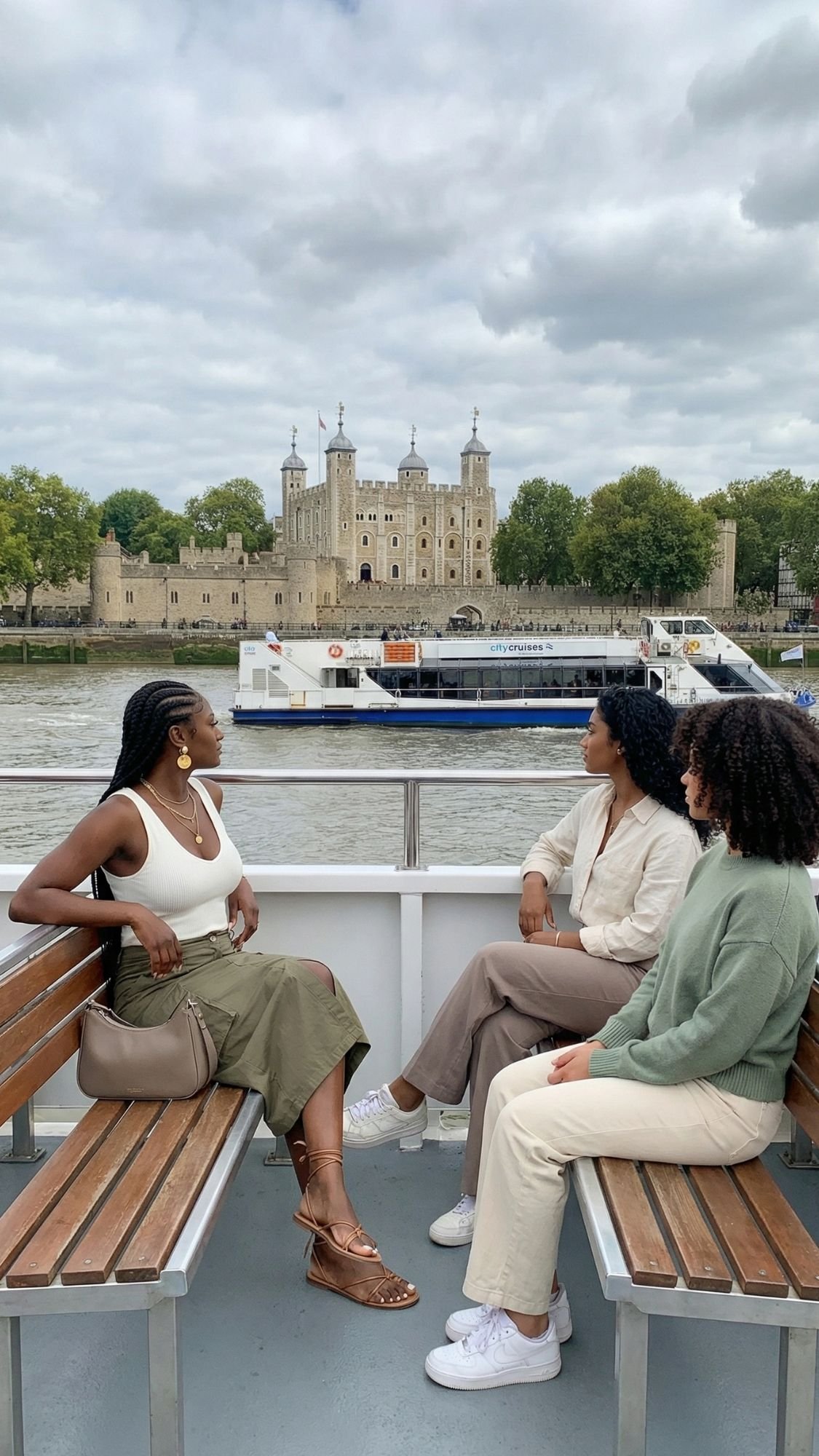 Three women sit on a boat, chatting and admiring the Tower of London—one of the top London attractions—across the river. As a large white boat drifts by under cloudy skies, they savor their first trip to London and take in the unforgettable view.