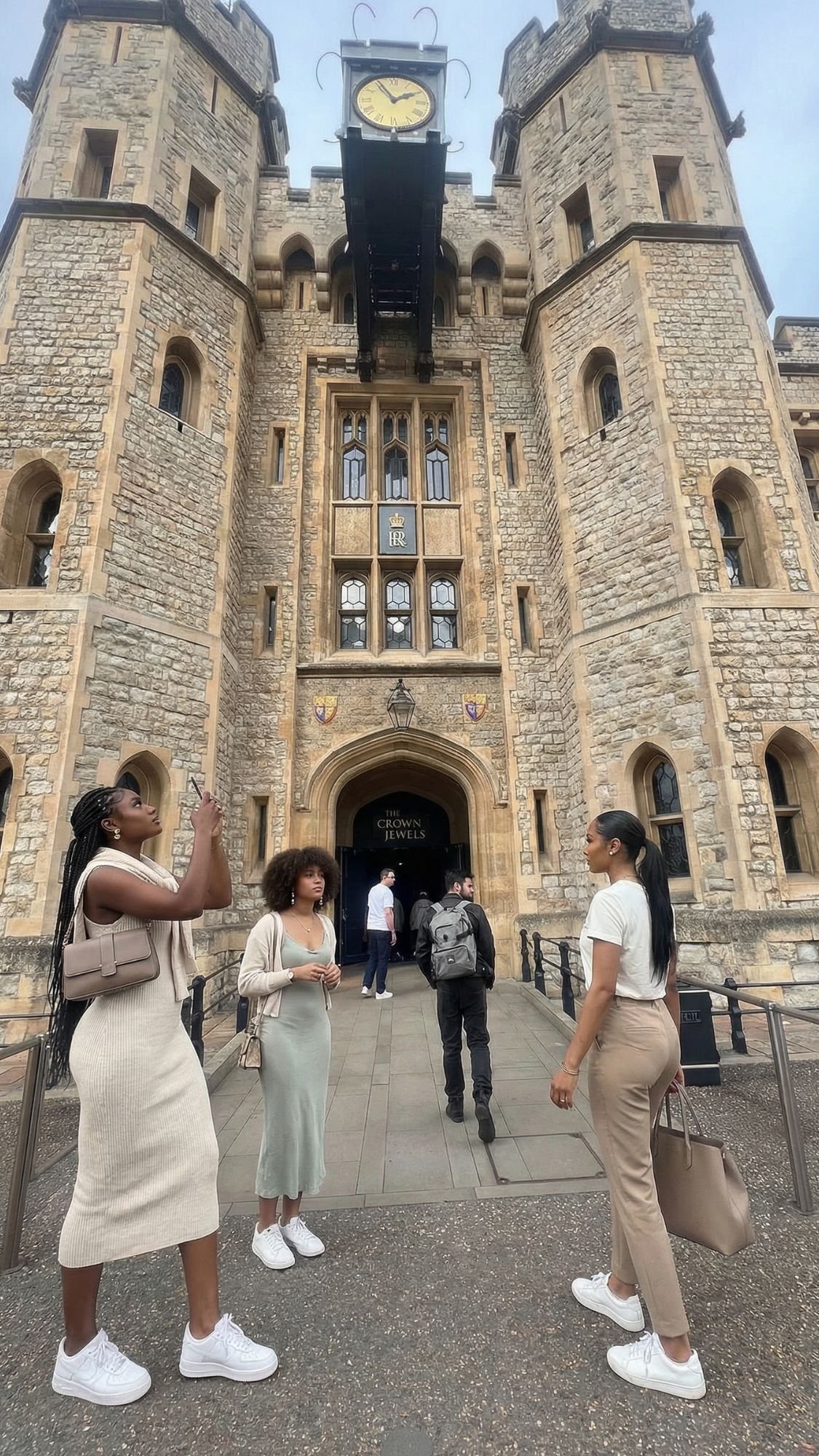 Three women chat in front of a historic stone castle entrance with a grand clock above the archway—a must-see on any first trip to London. Tall towers, arched windows, and visitors add to the vibrant scene of classic London things to do.