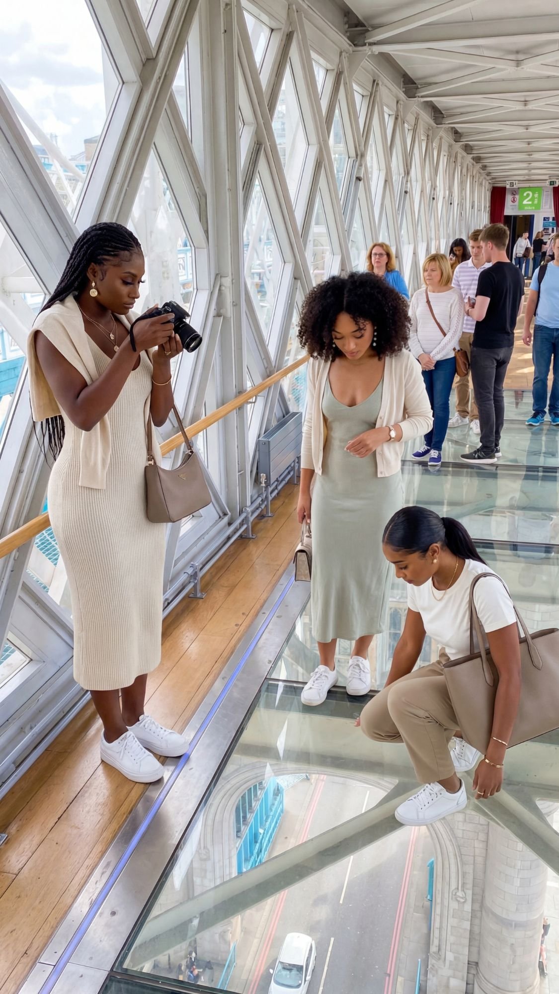 Three women stand and crouch on a glass walkway inside a bridge with crisscrossed steel beams, as one takes a photo—capturing memories from their first trip to London. People in casual clothes walk and look around in the background.