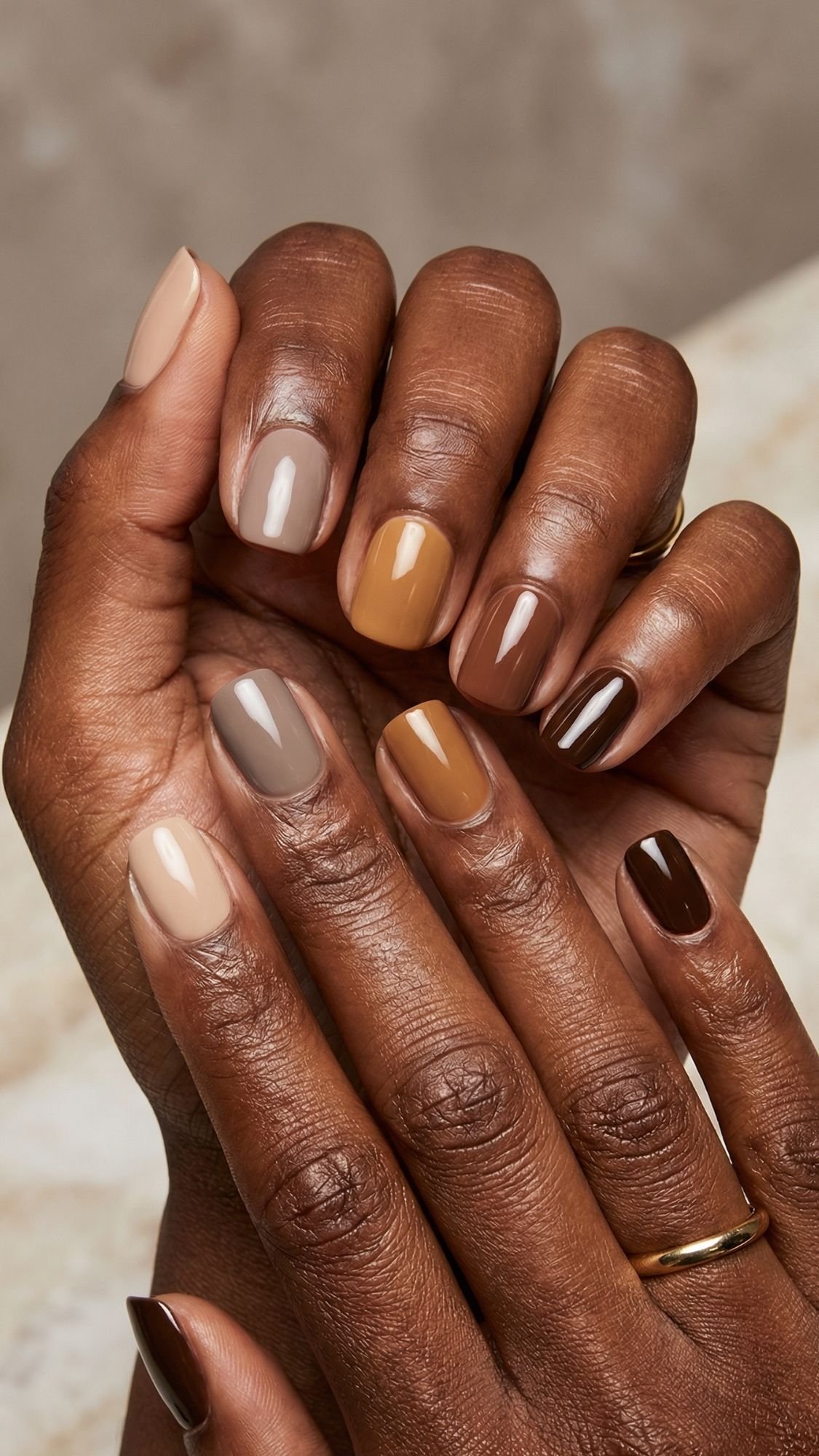 A hand with short, neatly manicured nails—each painted a different shade of beige, taupe, brown, and chocolate—rests on another hand with a gold ring. This easy nail design is perfect for simple nails you can do at home.