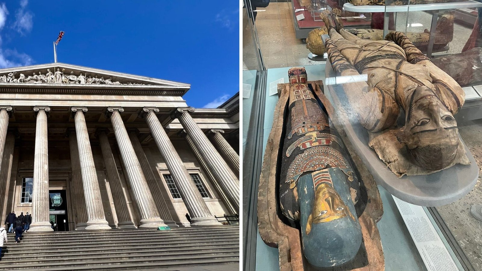 A split image: on the left, the grand columned entrance of a museum—one of the top London attractions; on the right, ancient Egyptian mummies and decorated sarcophagi displayed in a glass case inside.