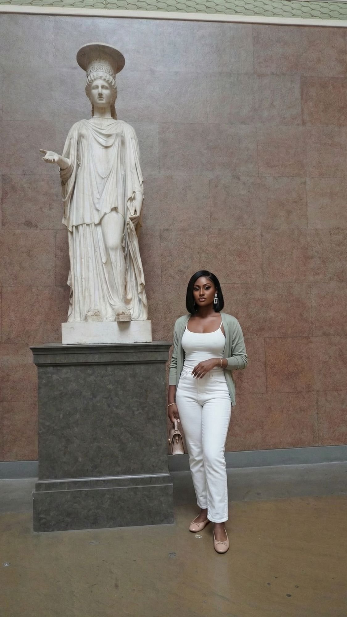 A woman stands beside a tall, white ancient statue in a museum—one of the memorable London attractions to visit on your first trip. She wears a green cardigan, white top and pants, beige shoes, and holds a small purse.