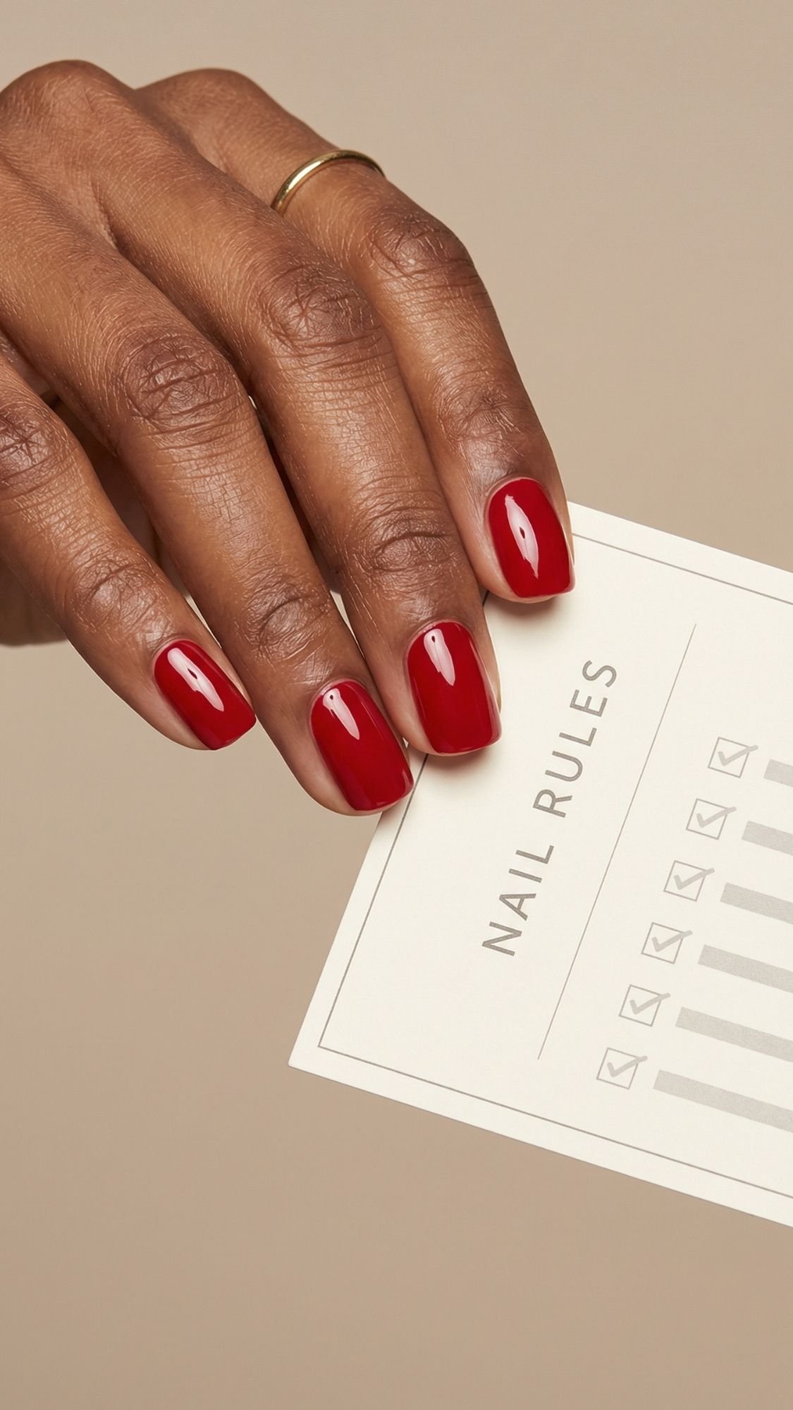 A hand with neatly manicured, glossy red nails holds a card labeled NAIL RULES with several checkboxes and lines. Perfect for Red Nails inspo and nail ideas that work for every season, the look is completed by a simple gold ring on one finger.