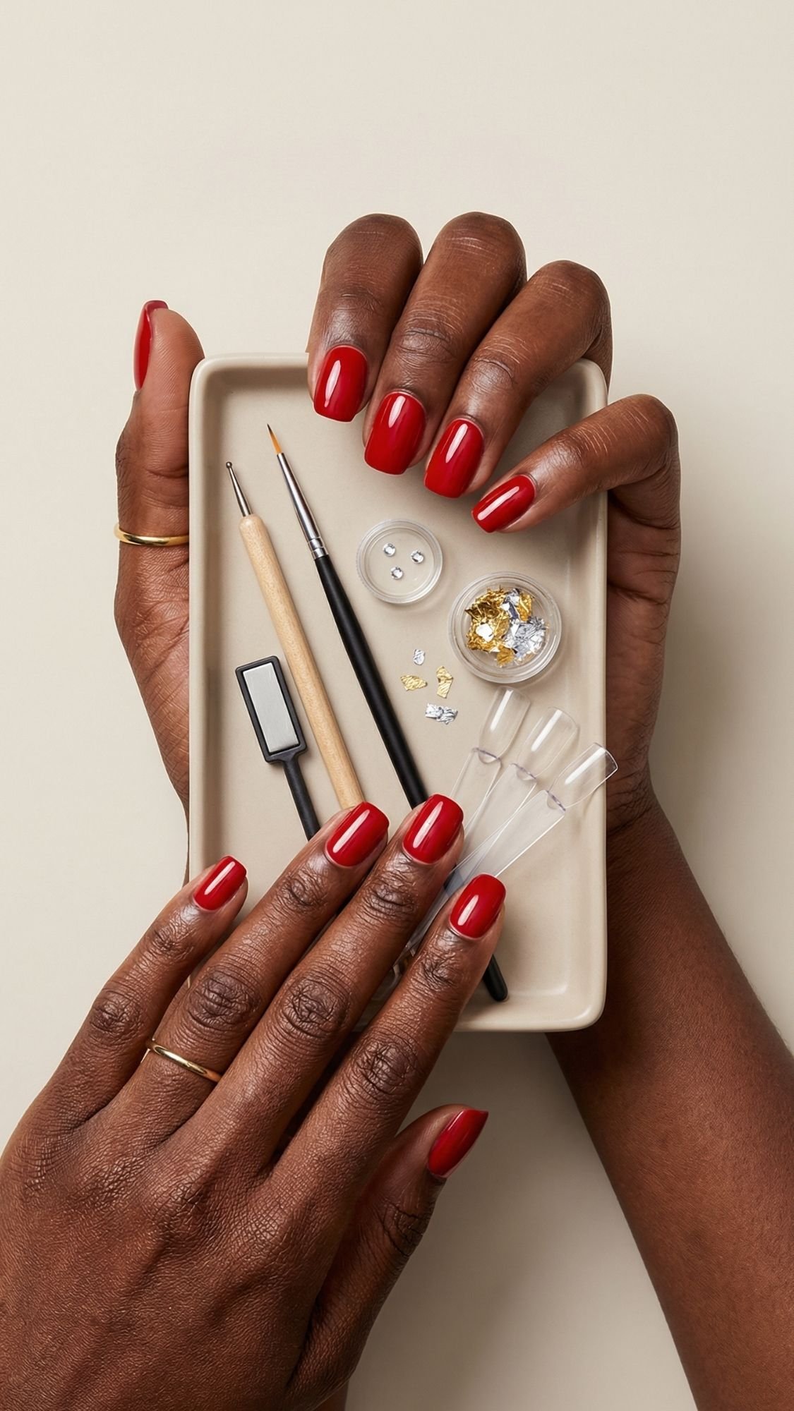 Two hands with glossy red nails hold a beige tray containing nail art tools, a nail brush, dotting tool, tweezers, pipettes, small nail art decorations, and a button—perfect for inspiring new nail ideas for every season.