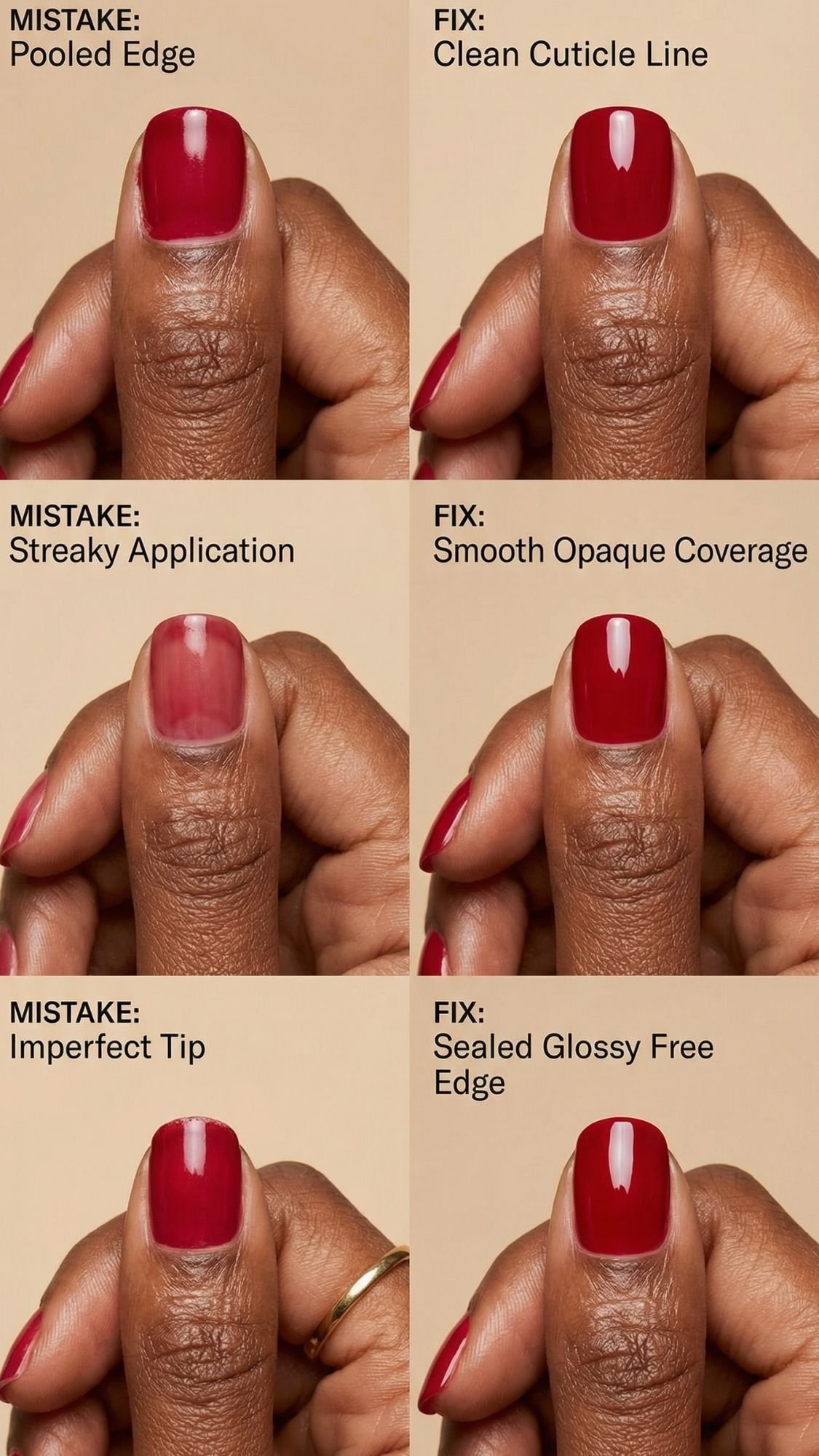 A collage features red nails and highlights three common nail polish mistakes—pooled edge, streaky application, imperfect tip—with nail ideas for every season, showing fixes: clean cuticle line, smooth opaque coverage, and a sealed glossy free edge.