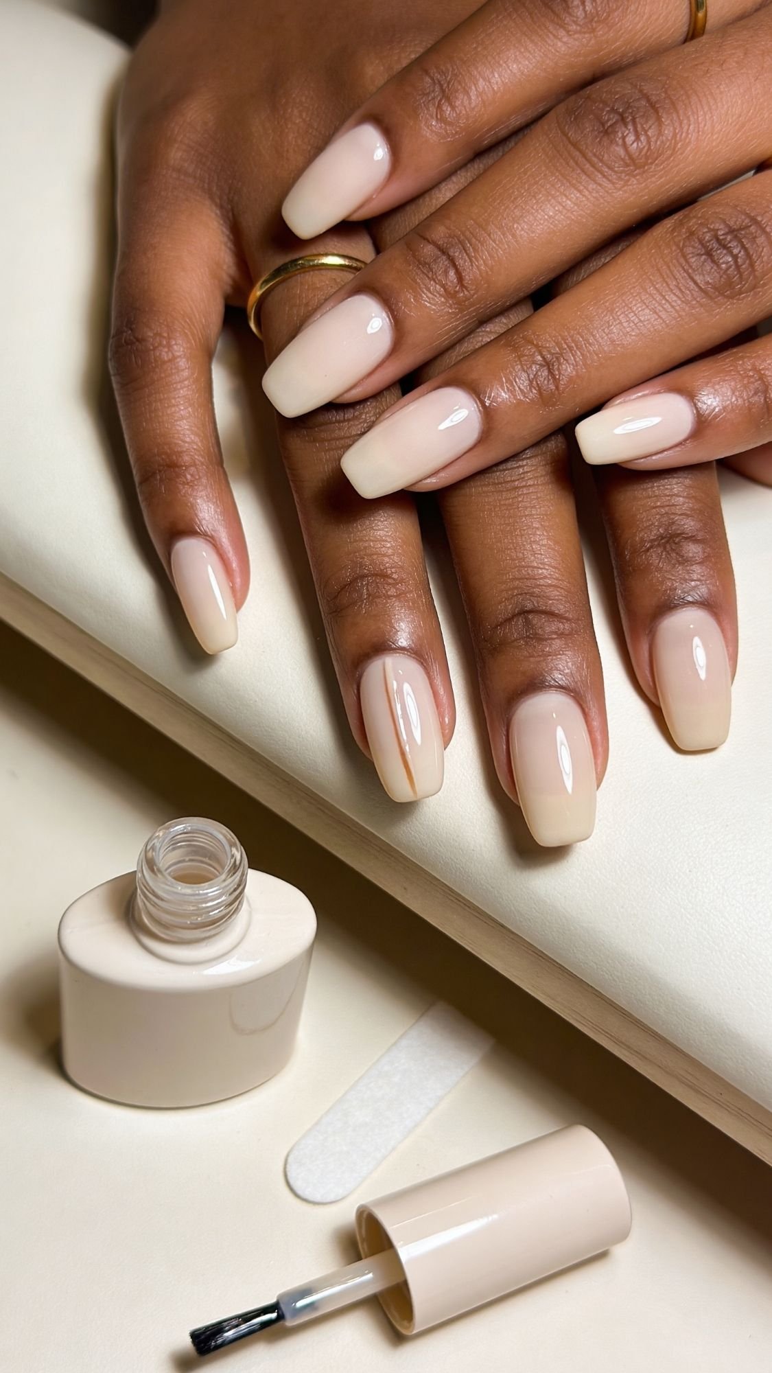 A close-up of hands with neatly manicured nails painted in glossy nude polish, perfect for Summer Nails. A bottle of nude nail polish, an emery board, and the polish brush rest on a cream-colored surface.