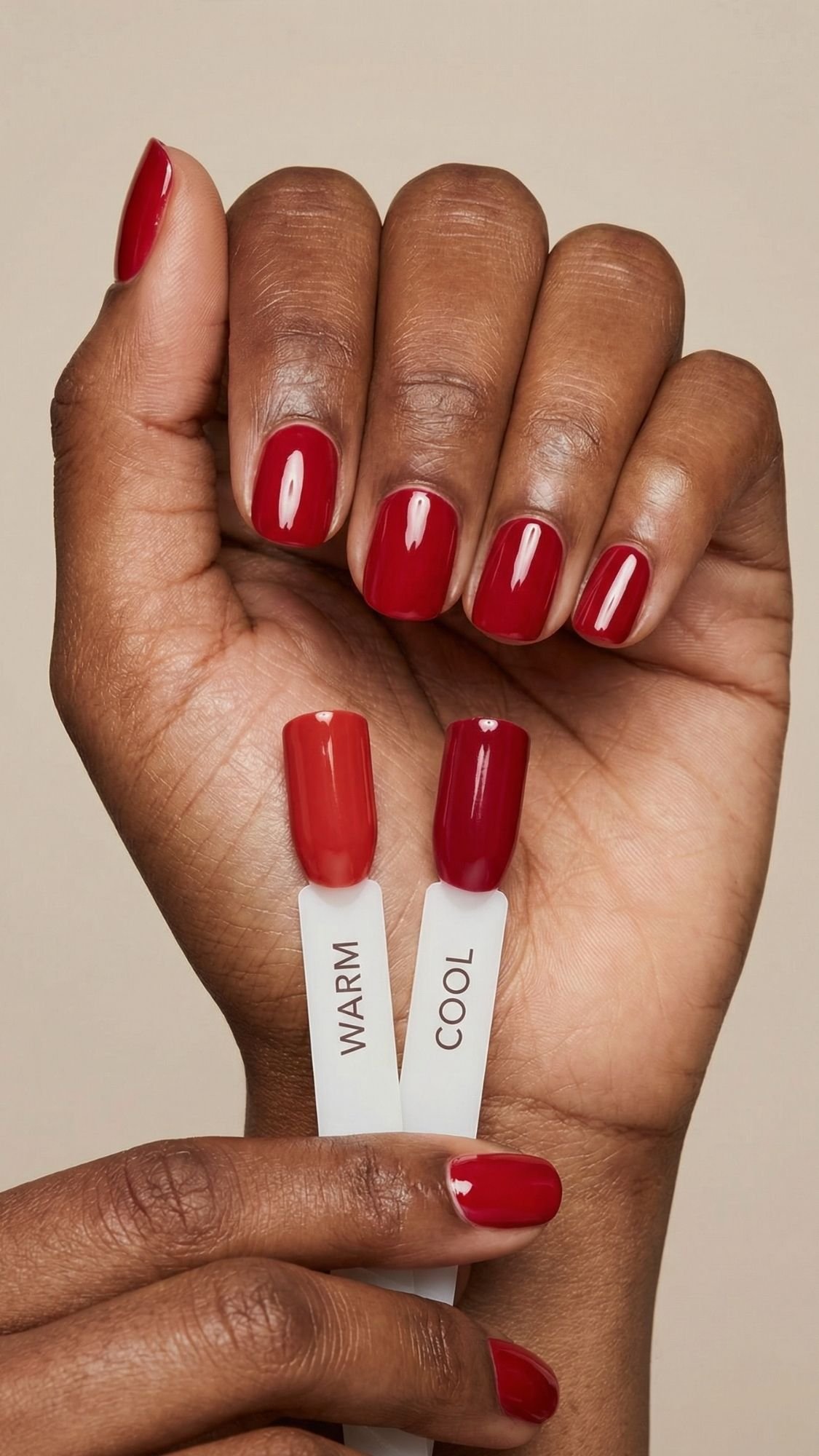 A hand with glossy red nails holds two nail color samples labeled WARM (orange-red) and COOL (blue-red), showcasing seasonal nail designs and inspiring new red nail ideas against beautiful brown skin.